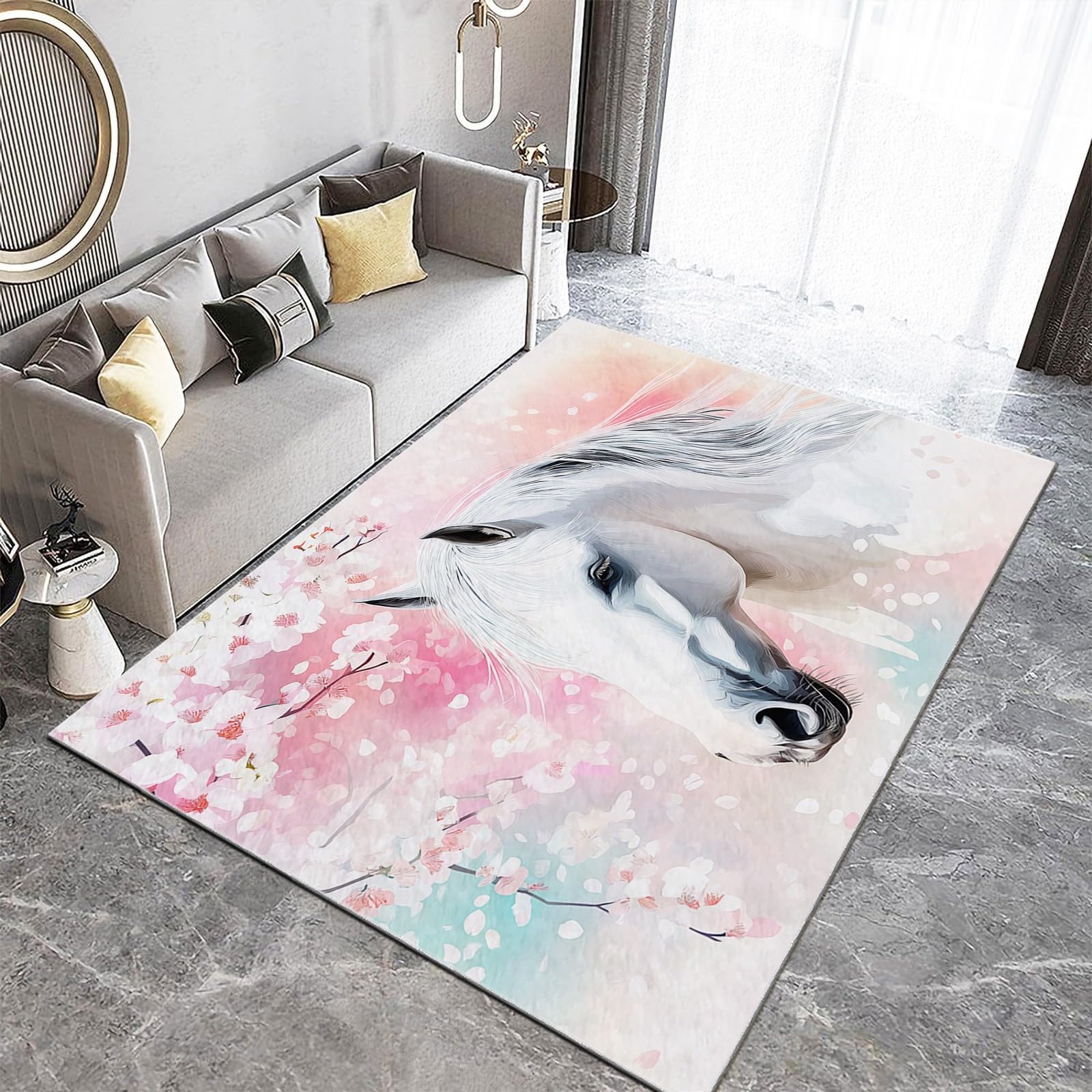 Kurzflor Rechteck Teppich Wohnzimmer 120x180cm Tiere Weißes Pferd Kirschblüten Waschbarer Teppich für Mädchen Junge Schlafzimmer Hellrosa Kinderzimmer Flauschig rutschfest
