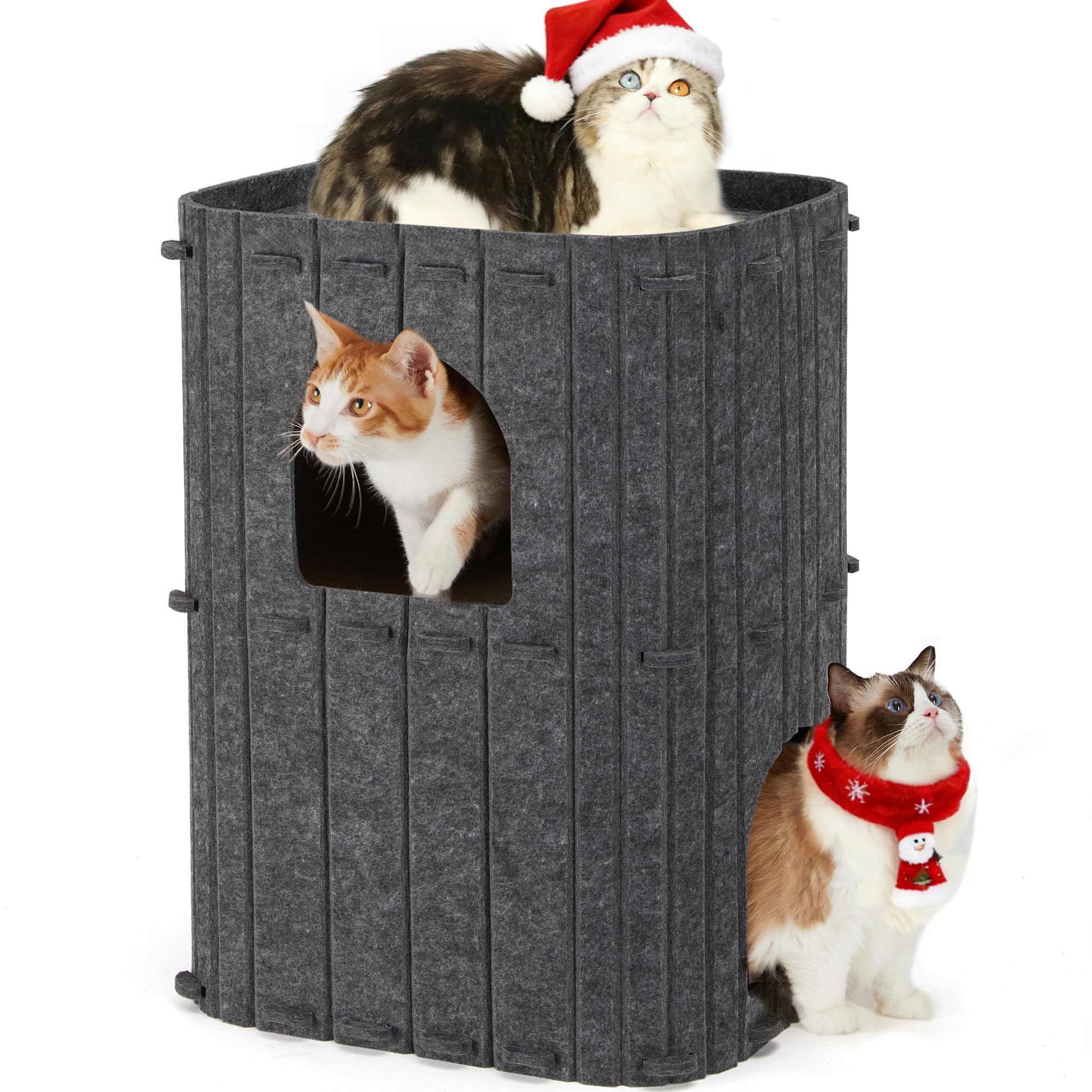 فوكومارو سرير قطط للقطط الداخلية، منزل قطط كبير من طابقين، كهف سرير للقطط المغطى باللباد، مساحات واسعة للقطط المتعددة، مخبأ مغلق للقطط، 17.7 × 14.35 × 23.63 انش، رمادي داكن