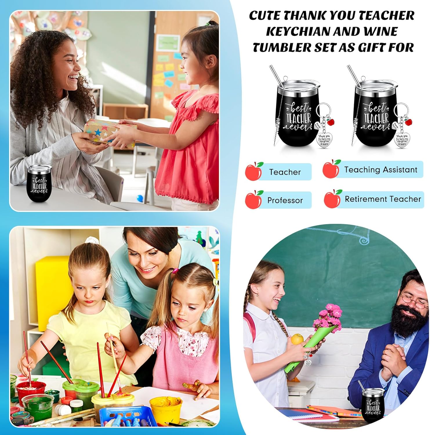 24 Pcs Teacher Appreciation Gift Sets 12 Oz Teacher Wine Tumbler for Women Thank You Birthday Graduation Gifts 12 Best Ever Cup and 12 Keychain(Black)