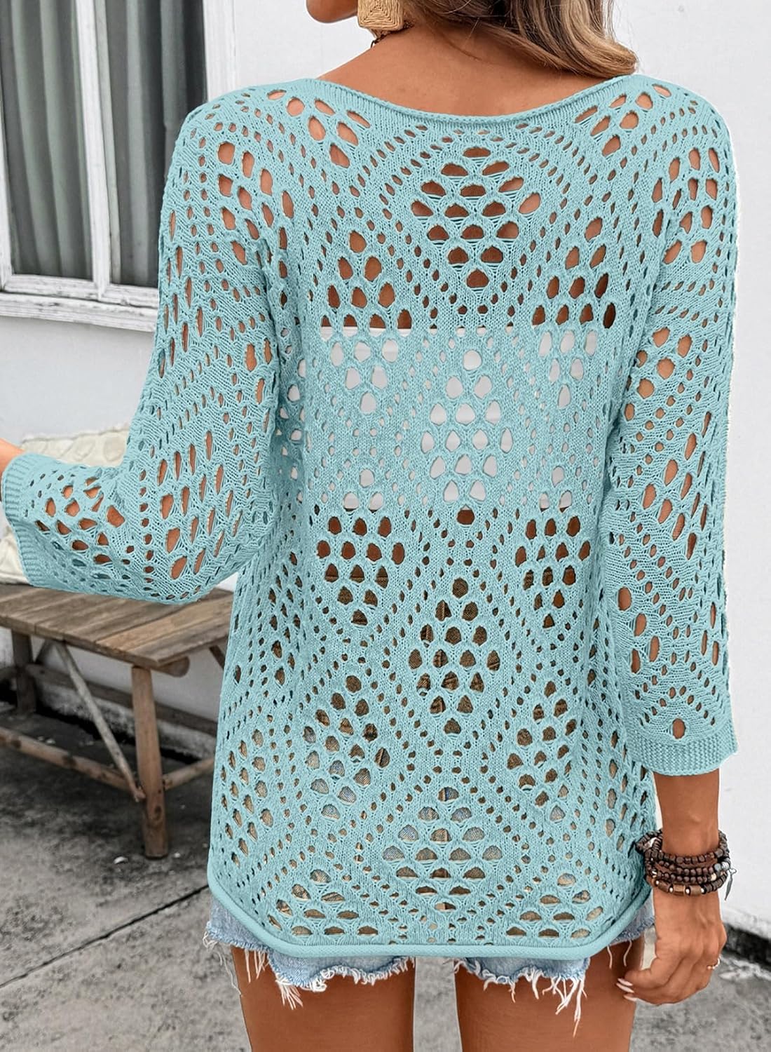 SHEWIN Womens Summer Tops Hollow Out Beach Crochet Cover Ups V Neck 3/4 Sleeve Pullover Sweater Shirts - Image 8