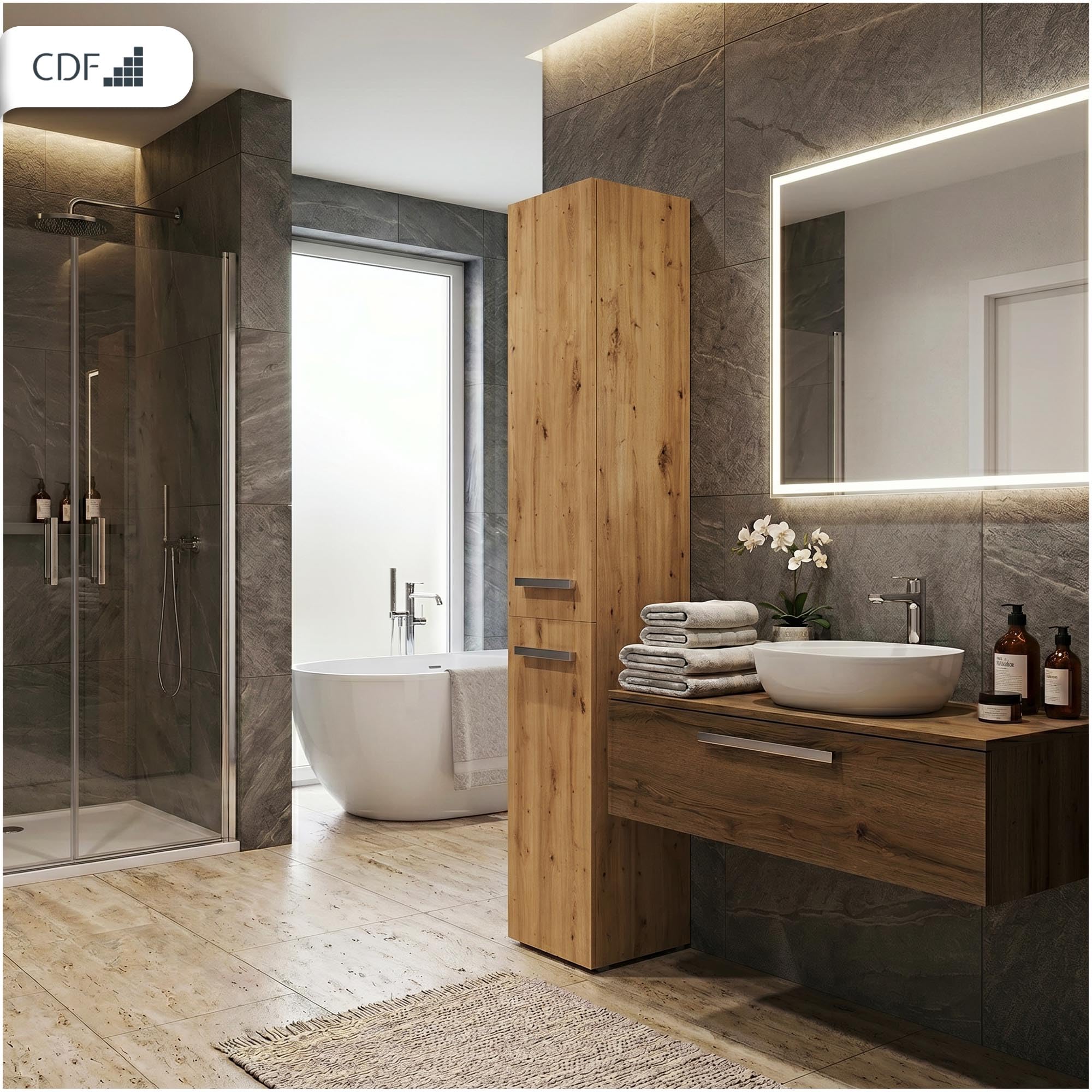 CDF Badezimmerschrank Badschrank Schmal Hoch, Bad-Hochschrank mit 1 Wäschekorb Breite: 31 cm, Badezimmermöbel Aufbewahrungsschrank für kleine Räume Badmöbel WC Eiche Artisan/Anthrazit 30x31x174 cm