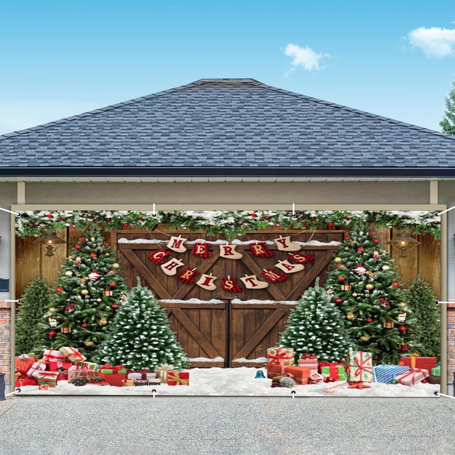 16x7ft Christmas Garage Door Cover Decorations Xmas Tree Banner Brown Wooden Village Barn Yard Outdoor Hanging 2 Car Backdrop Carnival Winter New Year Holiday Home Wall Studio Props