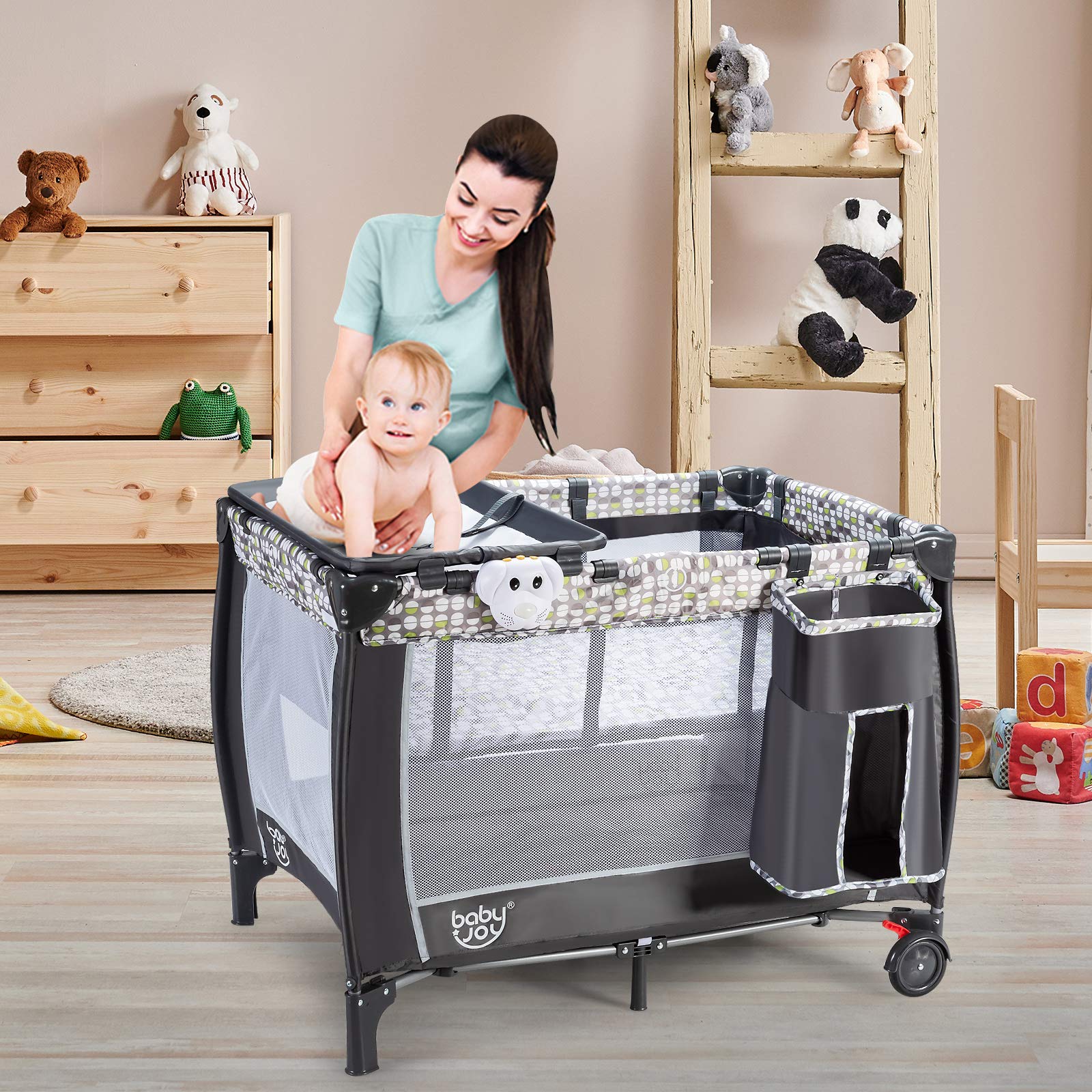 DREAMADE Lit Parapluie Bébé 3 en 1 Lit de Voyage Pliable avec Table à Langer&Auvent Mobile&2 Roues avec Frein&Porte-Couche,0-36 Mois