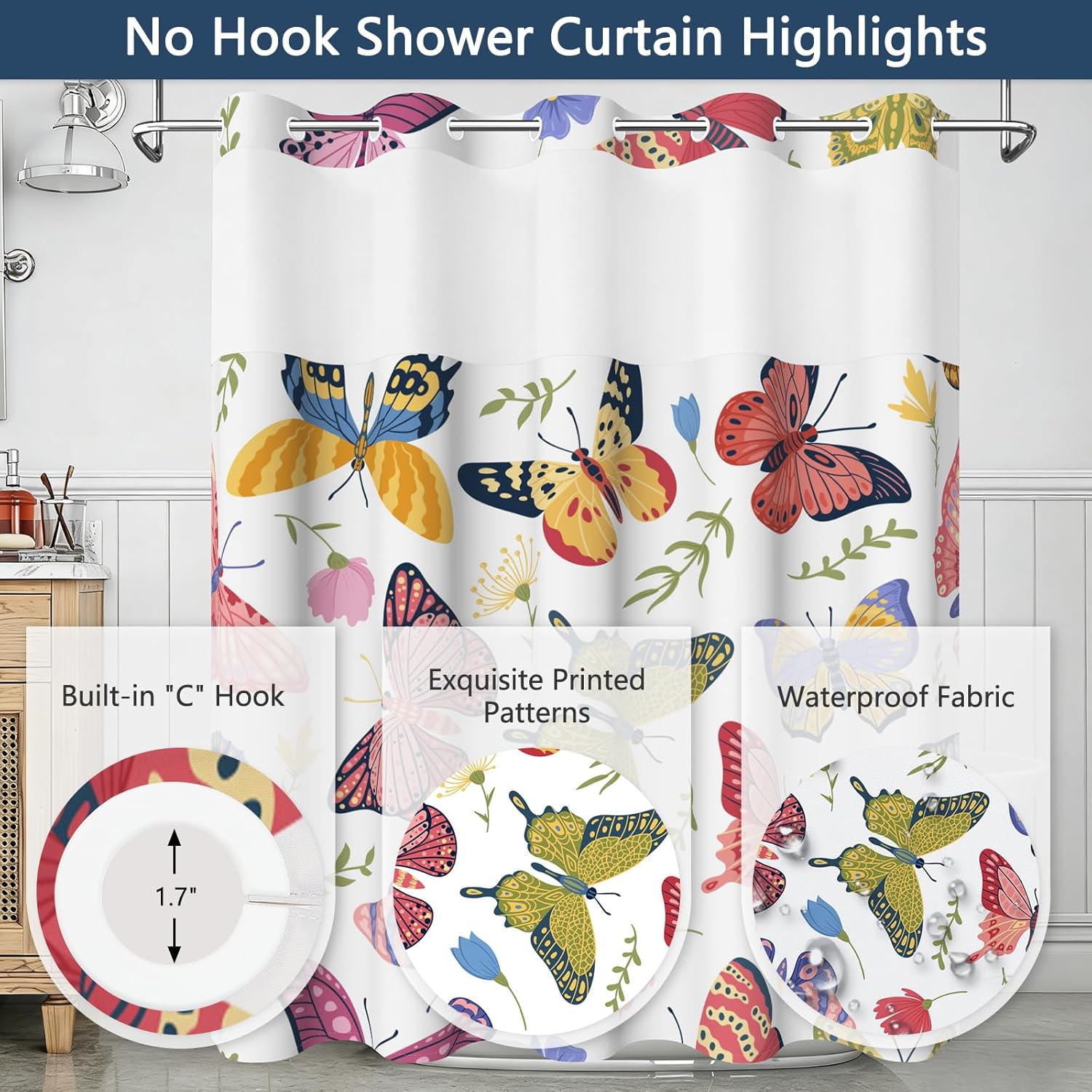 Bathroom Shower Curtain and Liner Set, Colorful Butterfly Garden Pattern No Hook Shower Curtain with Sheer Top Window and Weighted Hem, Double Layers Waterproof Fabric Shower Curtains, 71x74 Inches