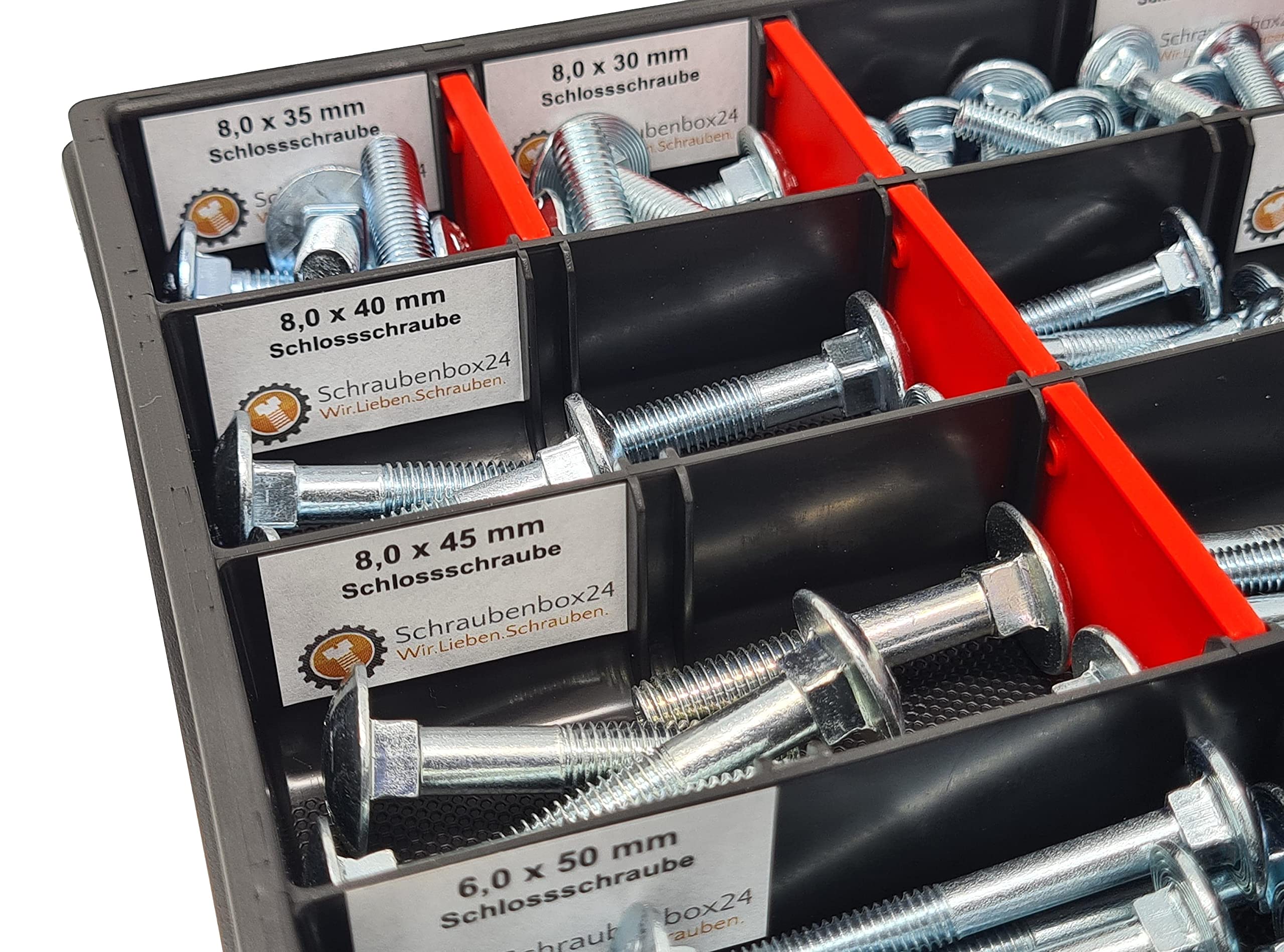 Flachrundschrauben Sortiment M5-M6-M8 // 30mm-60mm 115 tlg. Schraubenbox DIN 603