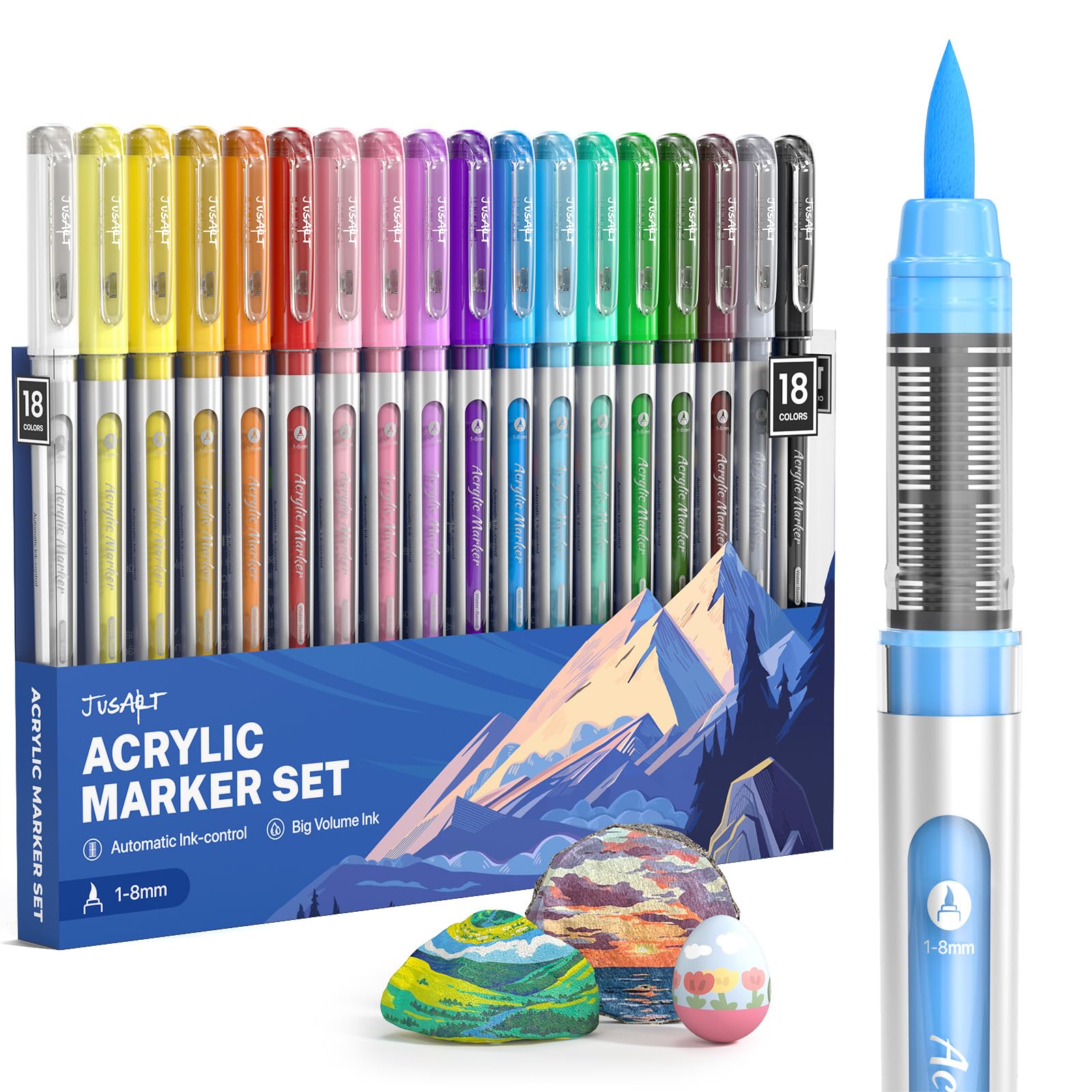 JusArt Acrylic Paint Markers Brush Tip 18 Colors for School Art, Water-Based No-Bleed Markers with Automatic Ink Control, Waterproof Acrylic Paint Pens for Rock, Egg, Wood, Fabric, Glass, DIY Crafts