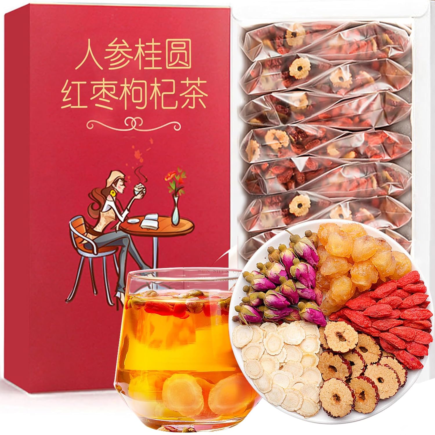 Hee Creek Ginseng Longan Red Date Tea 10.58oz / 20 Count Wolfberry Jujube Rose Herbal Blends Women Energy Tea for Cold Hands and Feet, Period Care, Warming, Nourishing, Caffeine Free 人参桂圆红枣茶 女人茶 女神茶