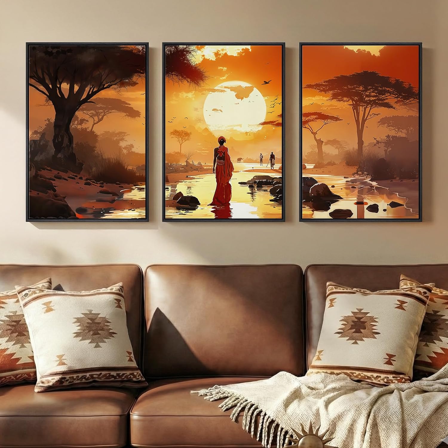 Framed Black Woman Wall Art Set of 3, African Natural Sunset Landscape Canvas Prints, Modern Orange Scenery Artwork for Walls, Warm Aesthetic Room Artwork for Living Room, Bedroom or Office Wall Decor, 16x24 In