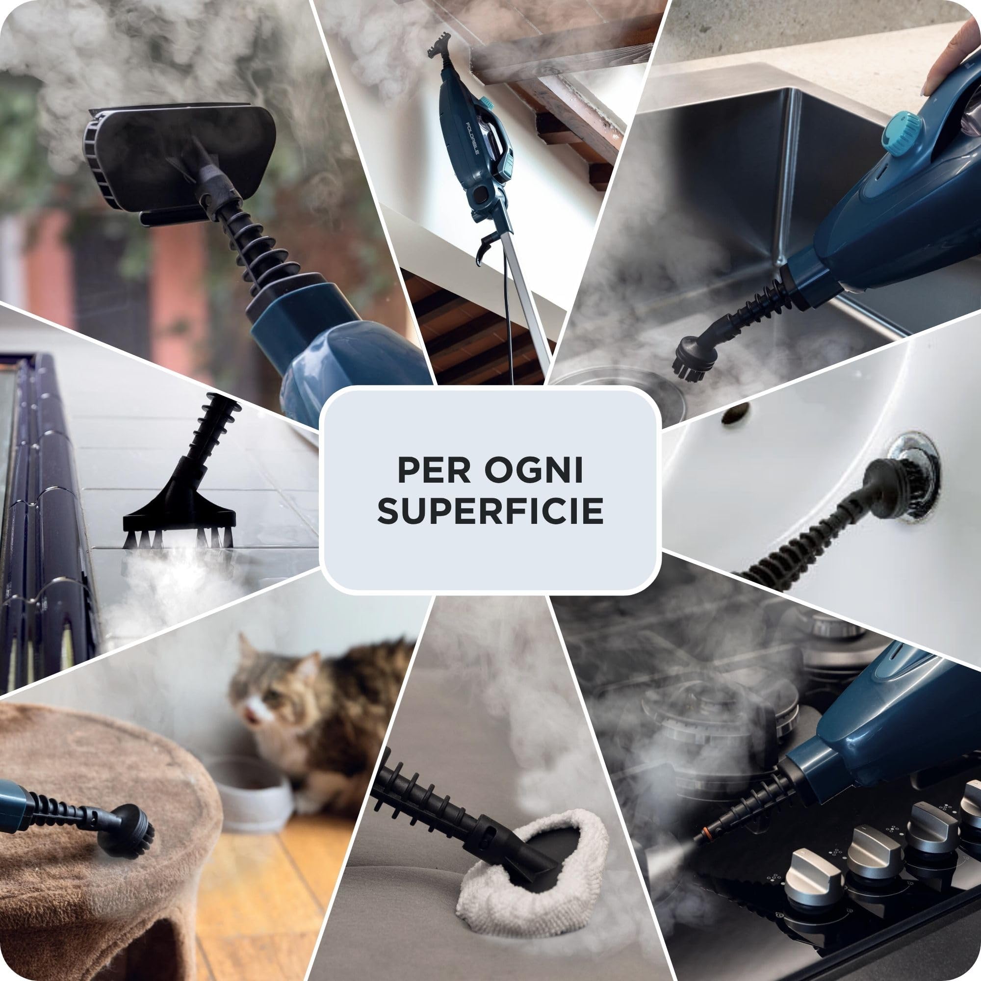 Ariete 4175 Składany mop parowy 10 w 1, składany mop parowy, 1500 W, 10 funkcji w 1, zestaw akcesoriów, pojemność 350 cm3, niebieski