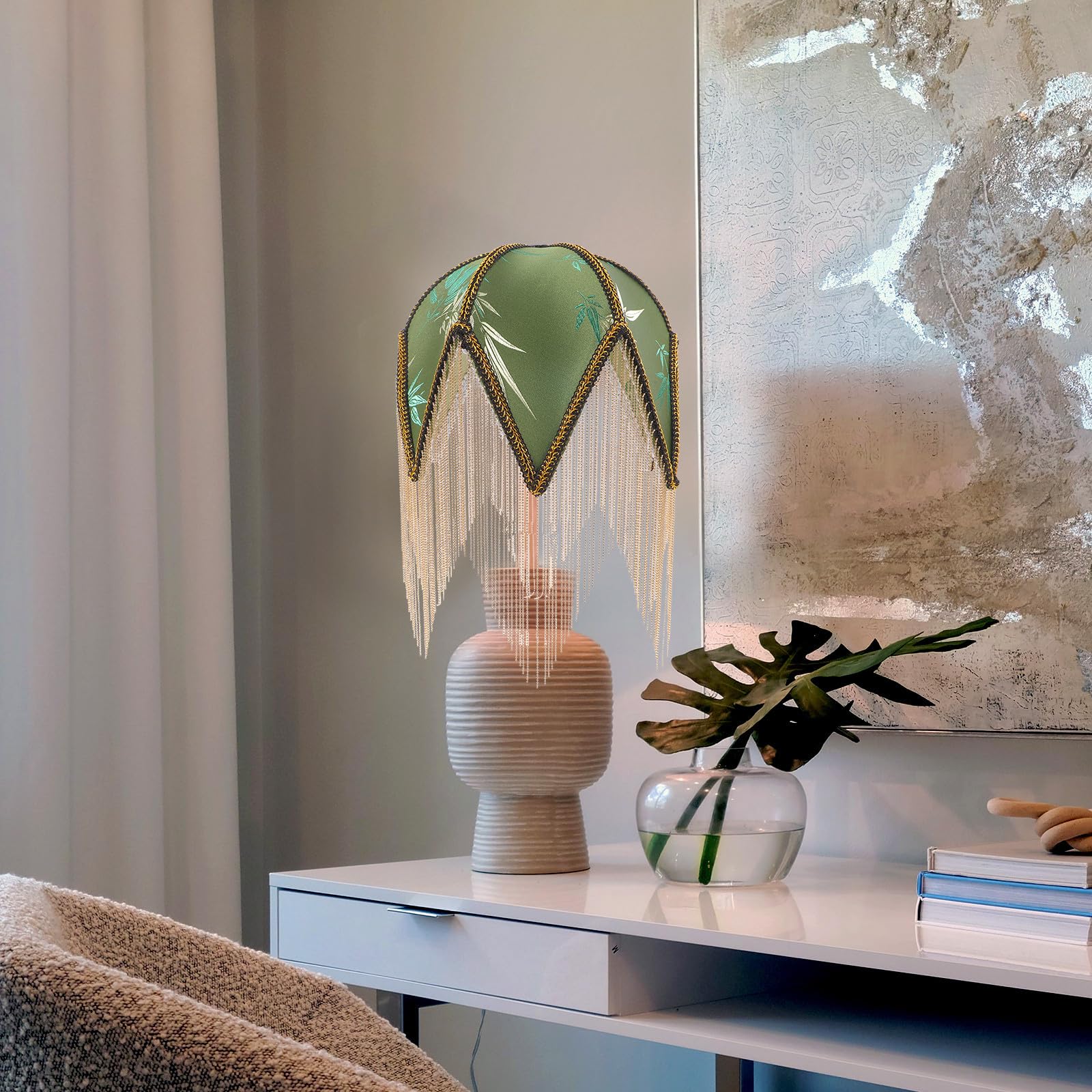 POPETPOP Paralume per Lampada da Tavolo e Lampadario, Verde, Motivo Foglia, Struttura in Ferro, Foro Centrale 1cm, Luce Morbida e Diffusa