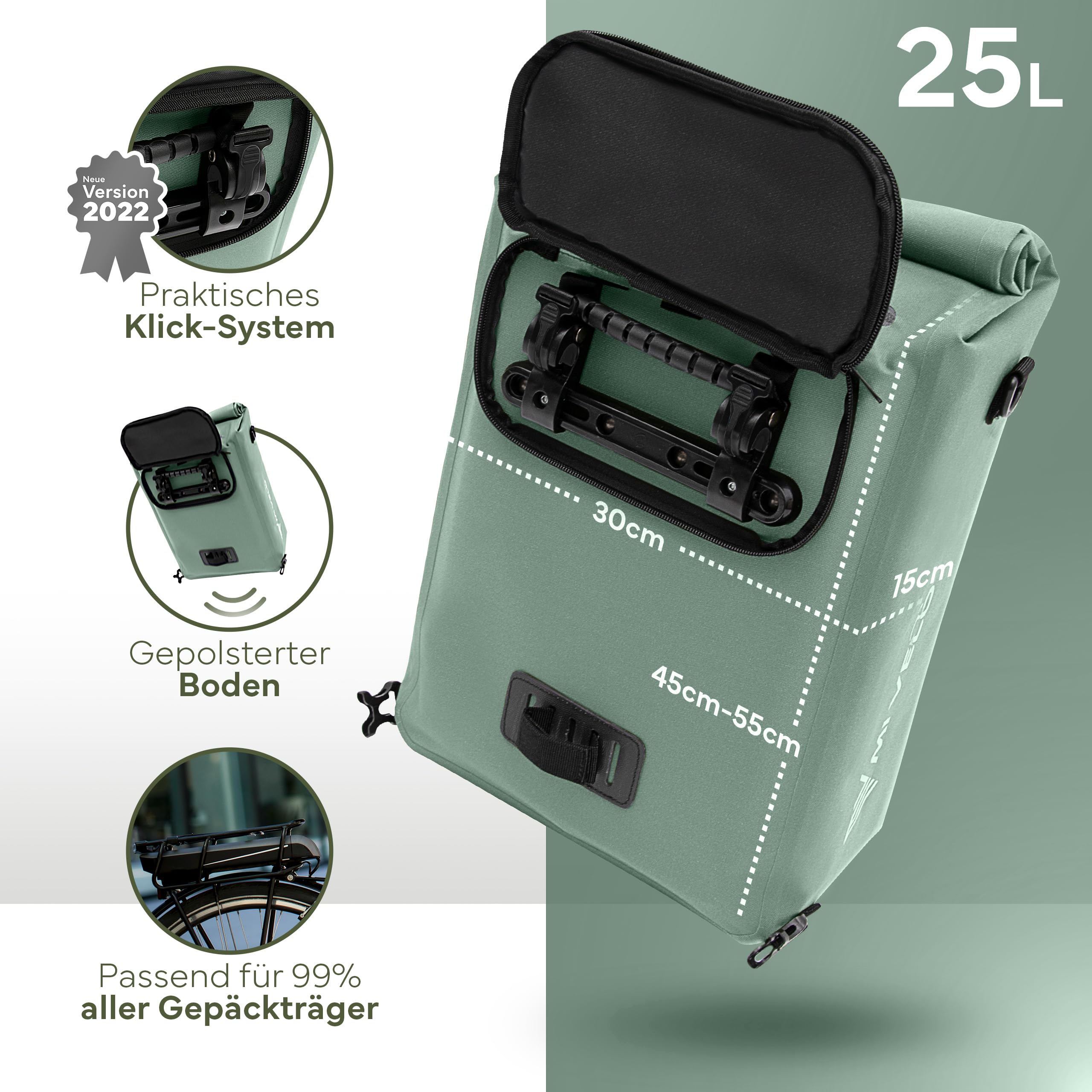 MIVELO Fahrradtasche für Gepäckträger - 3in1 Gepäckträgertasche Rucksack Umhängetasche - 100% wasserdicht und PVC-frei - mit herausnehmbarer Laptoptasche (Mint)