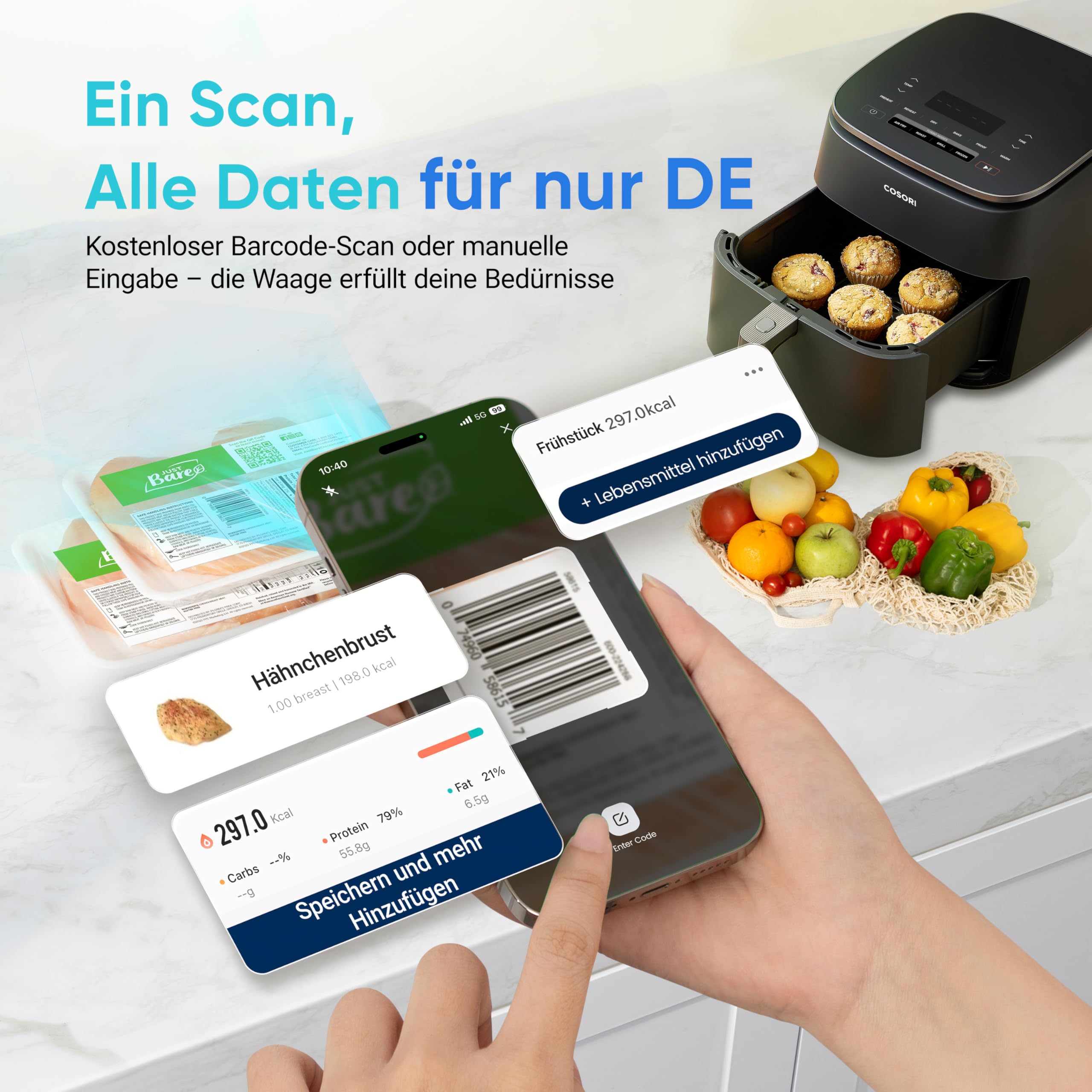 Cosori Küchenwaage digital mit Nährwertberechnung, Edelstahl, 5KG-1g, Silber