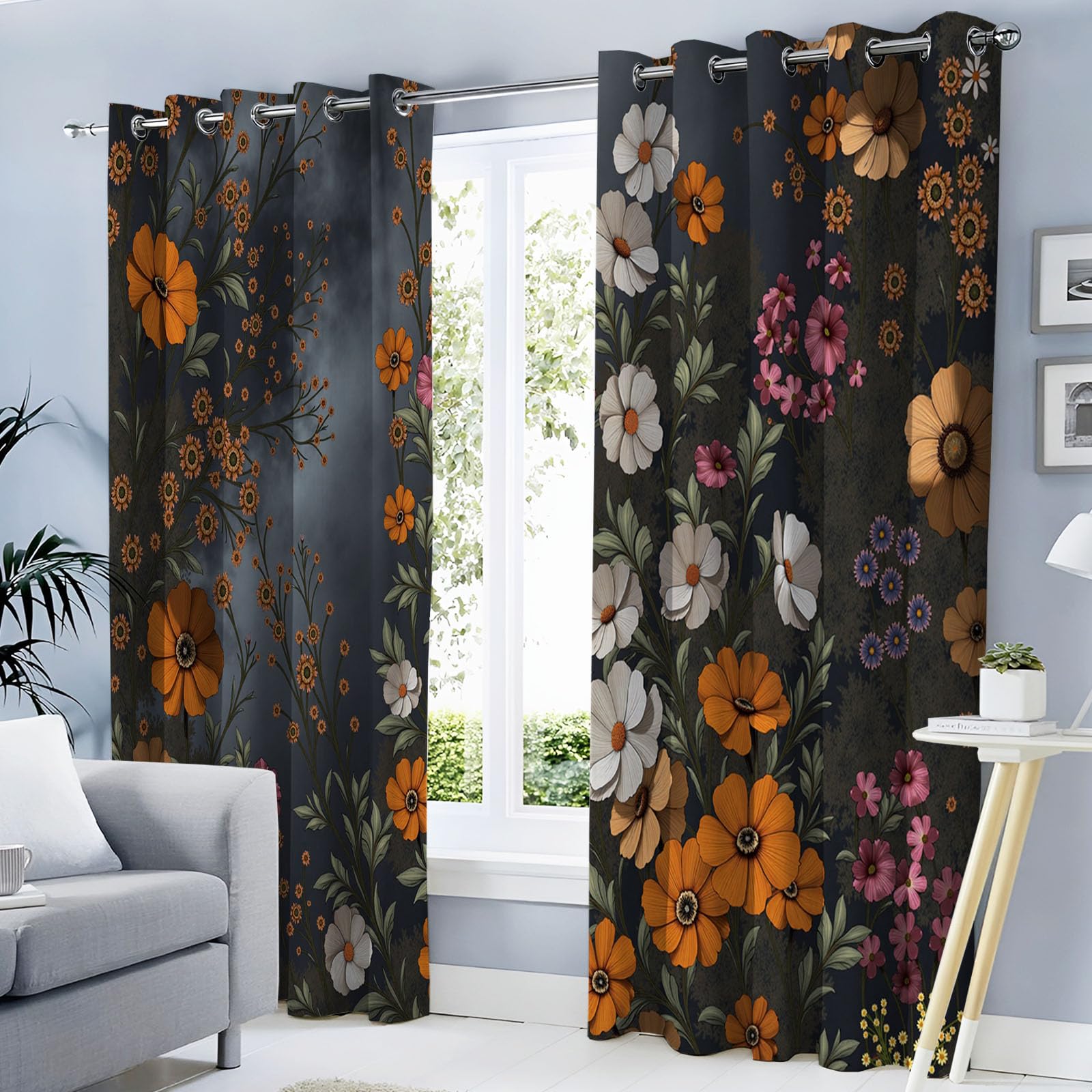 Rideau occultant gris foncé à oeillets imprimé fleurs sauvages | Lot de 2 rideaux thermiques