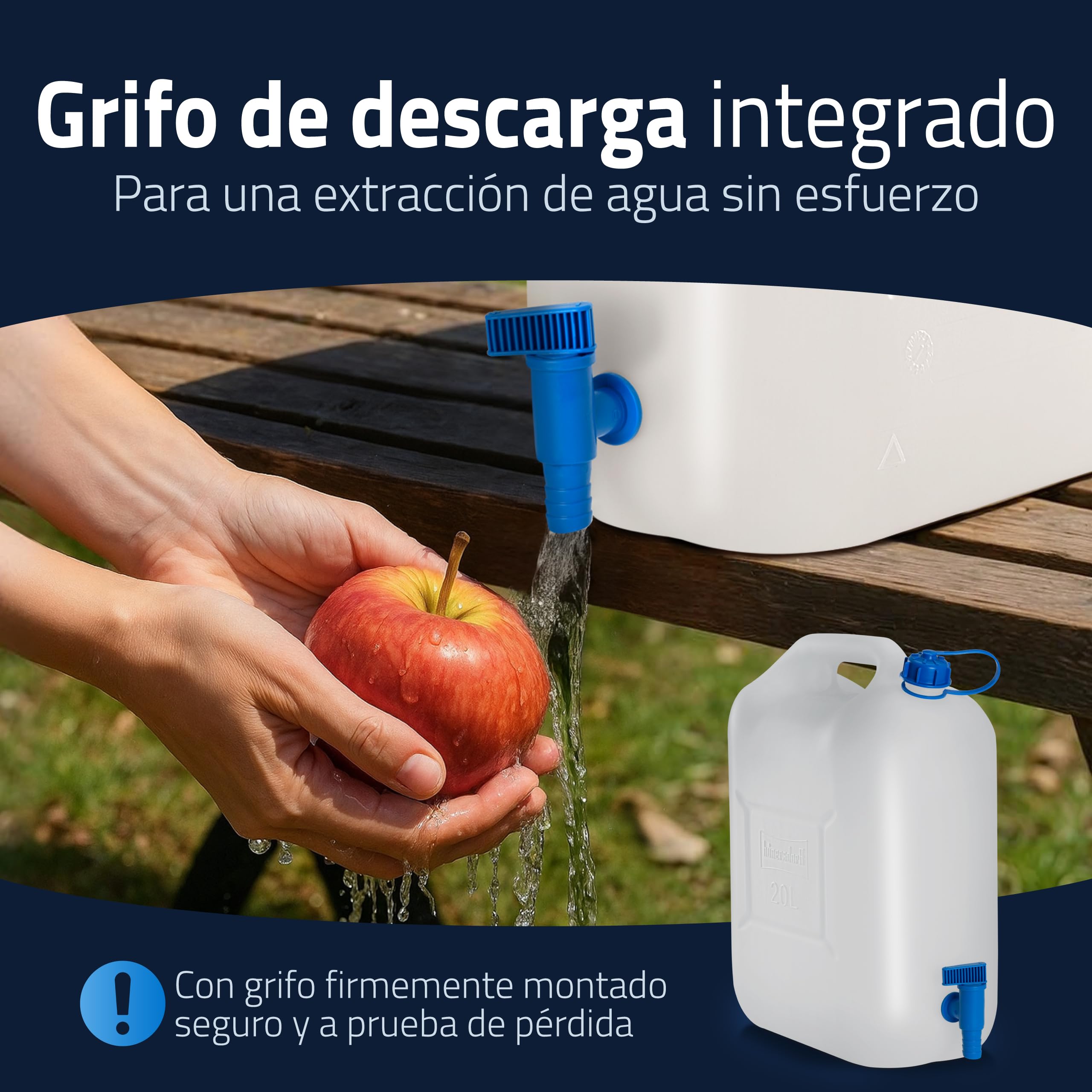 Hünersdorff | Bidón para agua ECO 22 L con grifo | PEAD natural | con grifo de descarga azul montado de forma fija | Bote de agua de plástico | garrafa plastico con grifo