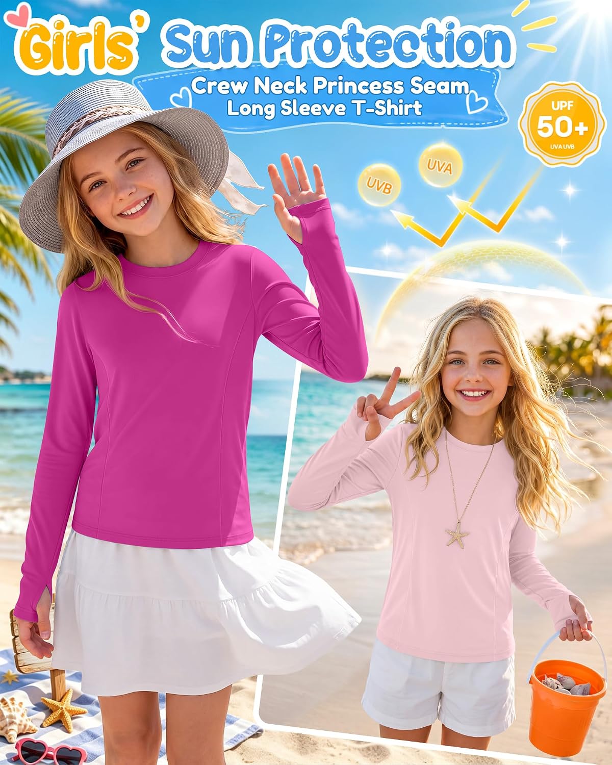 3 Pack Girls' Rash Guard Swim Long Sleeve Shirt UPF 50+ UV Sun Protection Quick Dry Tee with Thumb Holes 5-14Y