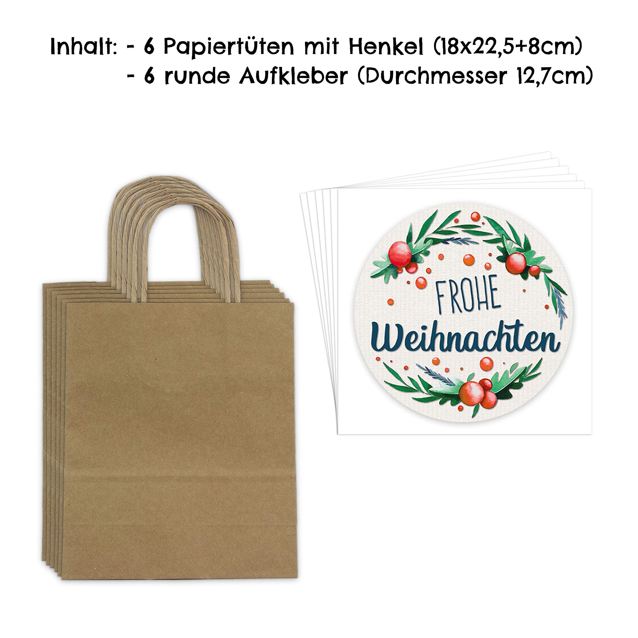 Lot De 6 Sacs Cadeaux De Noël 18 Cm X 22,5 Cm X 8 Cm Avec Autocollants XXL – Emballage Pratique – Idéal Pour Offrir – Sac à Poignée Motif Couronnes De Noël