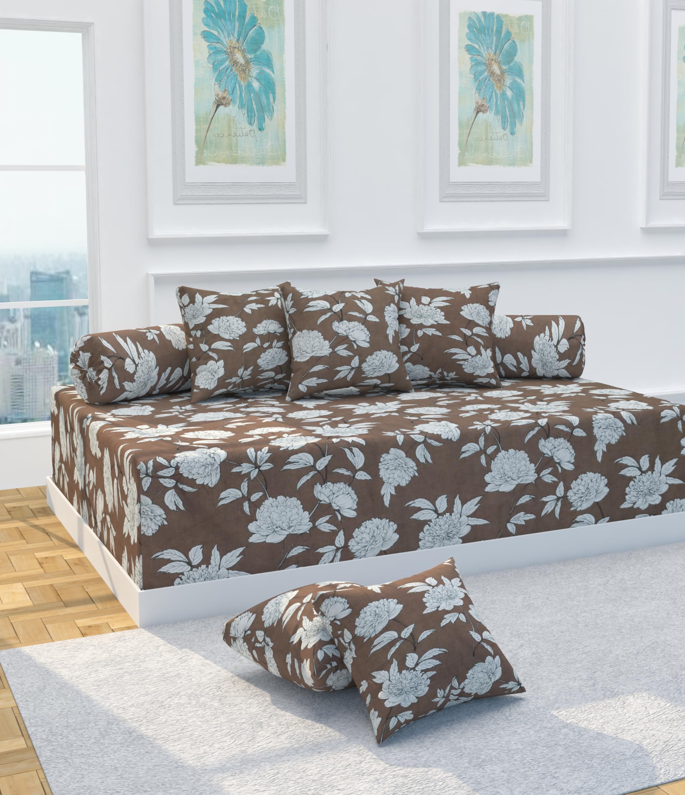 VOMZER Diwan Set Covers Cotton 8 Pieces Cotton Feel Designer Printed Diwan Set (1 Single Bedsheet, 2 Bolster Covers, 5 Cushion Covers) Brown Rose-picture-11