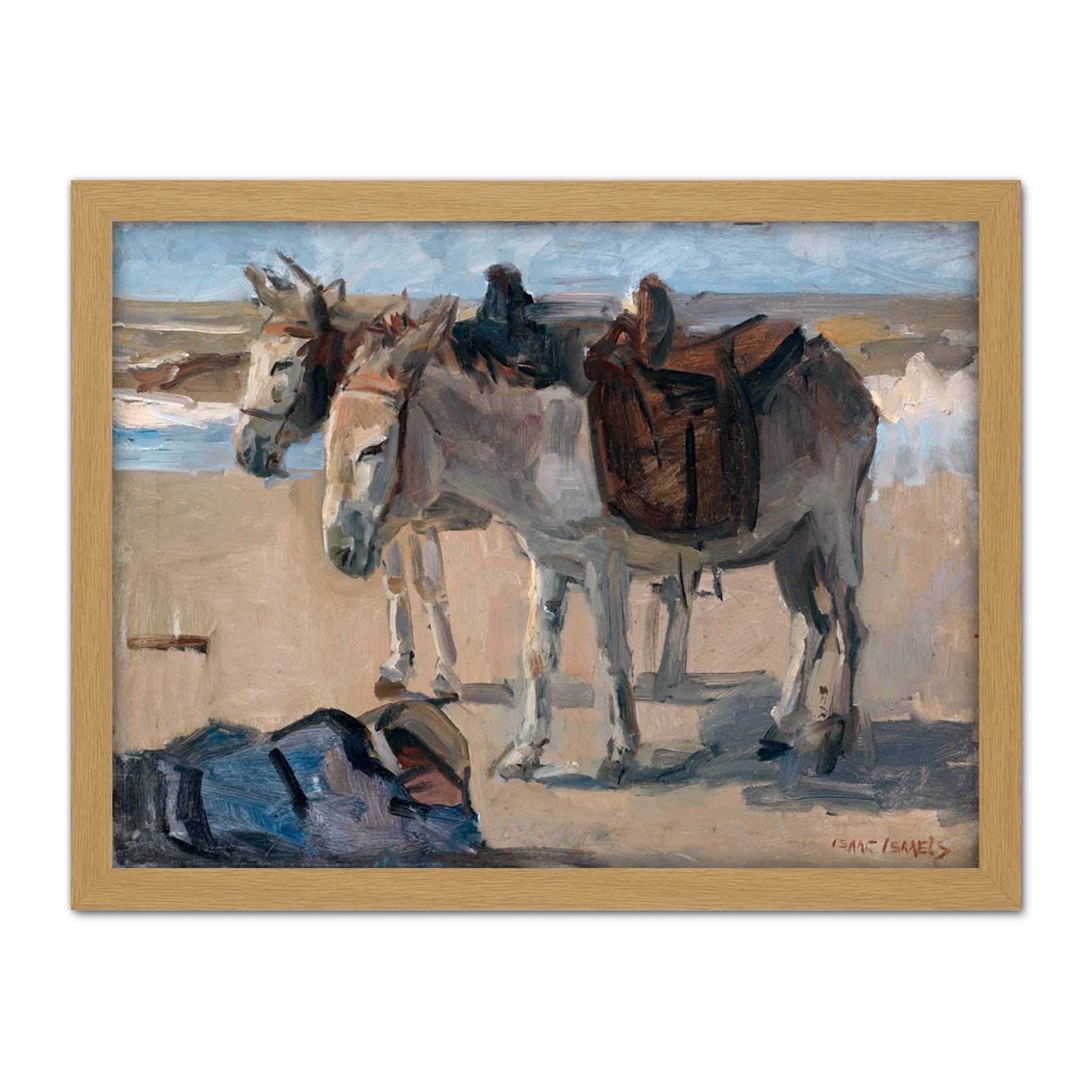 Artery8 Isaac Israels Two Donkeys On Beach Landscape Artwork Framed Wall Art Print 18X24 Inch