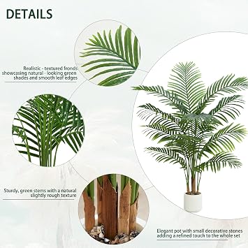 4FT Artificial Palm Tree, Fake Areca Tropical Palm Plants with White Pot | Large Artificial Silk Floor Plant with 13 Lifelike Leaves, Tall Faux Tree for Indoor Home Office Living Room Modern Decor