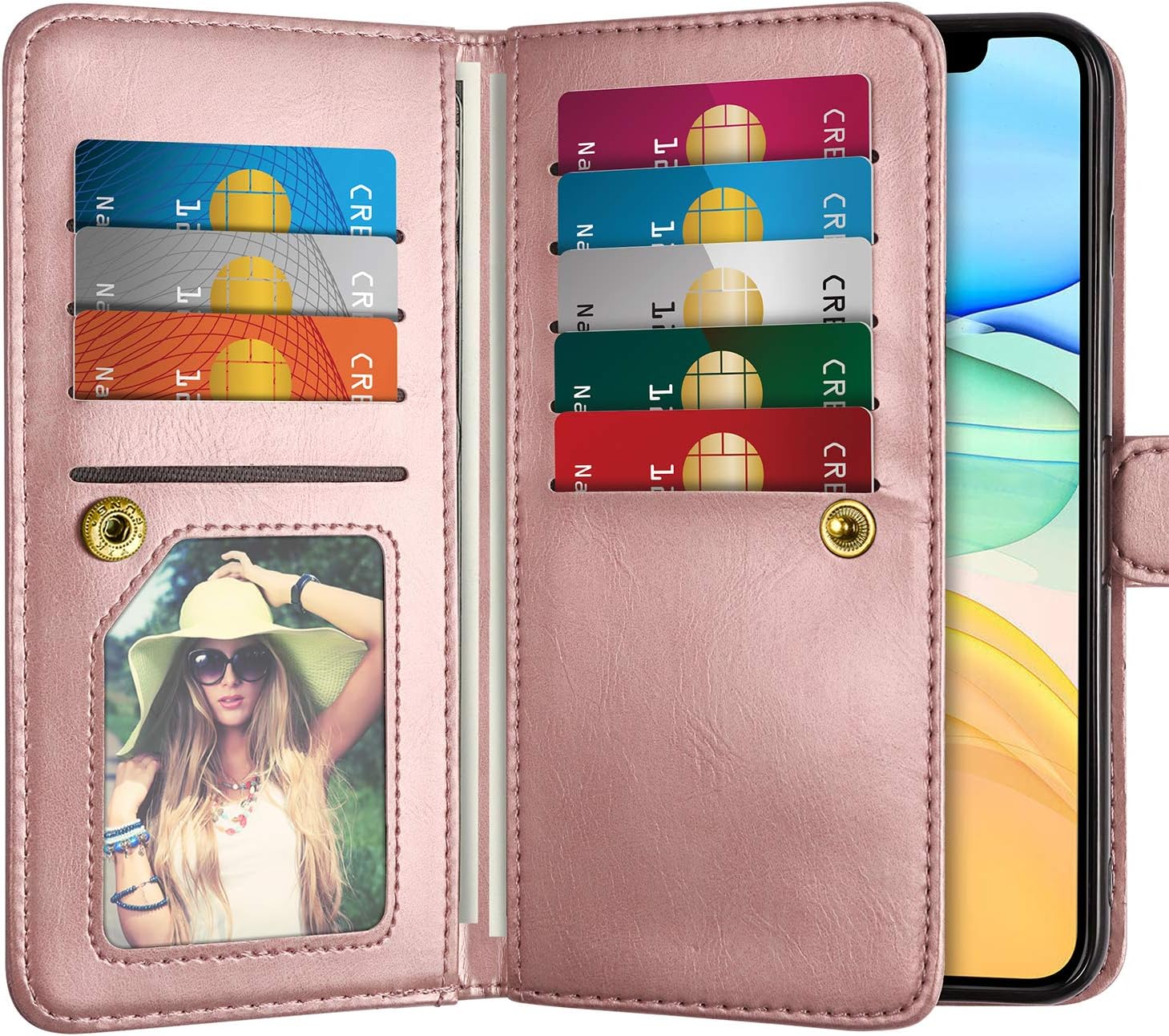 HianDier Compatible with iPhone 11 Case 6.1 Inches (2019) with Card Holder 9 Slots Detachable PU Leather Flip Cover Shockproof Magnetic Clasp Lanyard Dual Layer Wallet Cases, Rose Gold