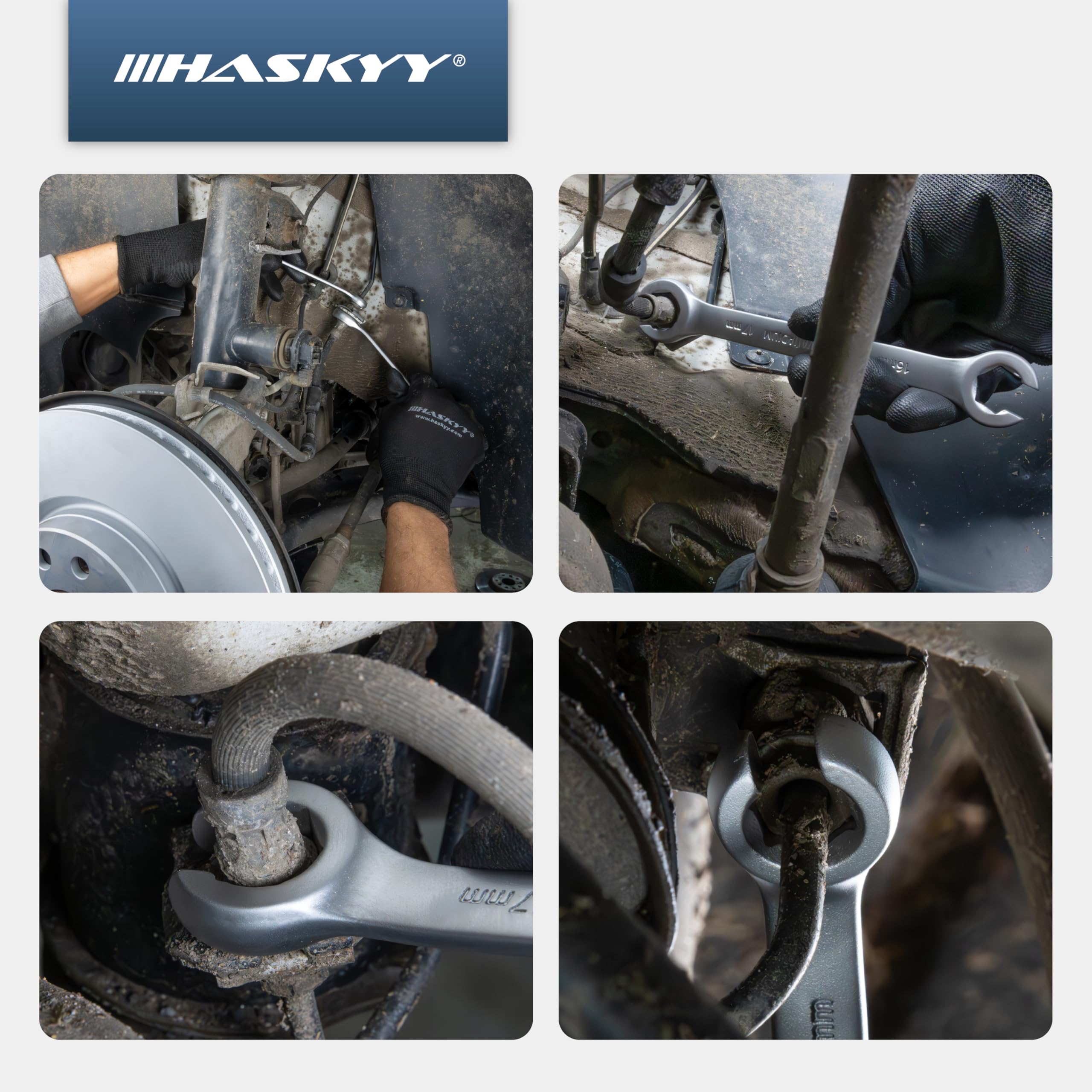 HASKYY Jeu de clés pour conduites de frein Clé à fourche ouverte 7 pces Clé polygonale double 6-22 mm Jeu de clés polygonales coudées à 15° Clé pour conduites de frein
