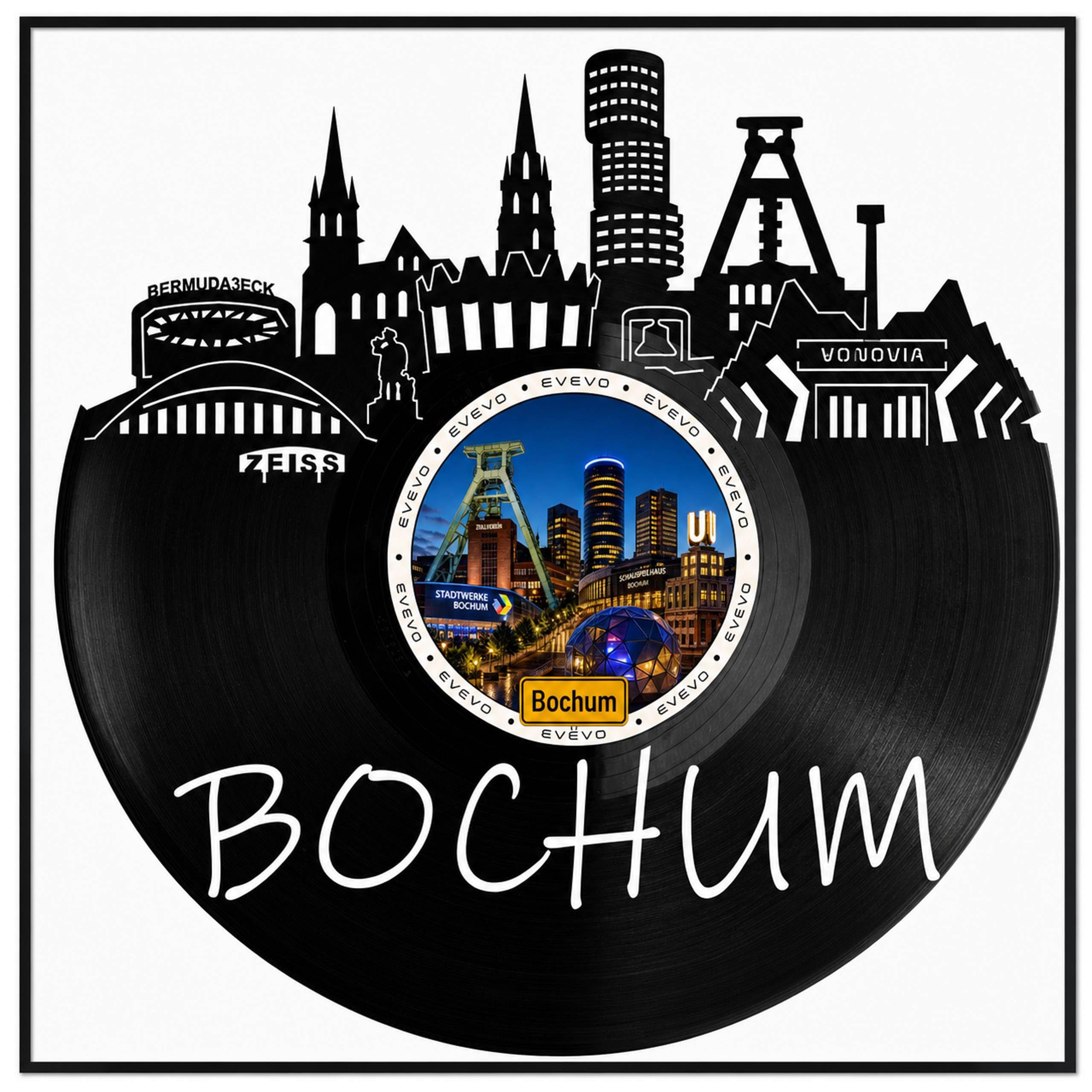 EVEVO Decorazione da parete in vinile, con cornice, 32 x 32 cm, Bochum, arte da parete in vinile, skyline di Ruhrpott, regalo per gli appassionati di Bochum e gli amanti delle miniere