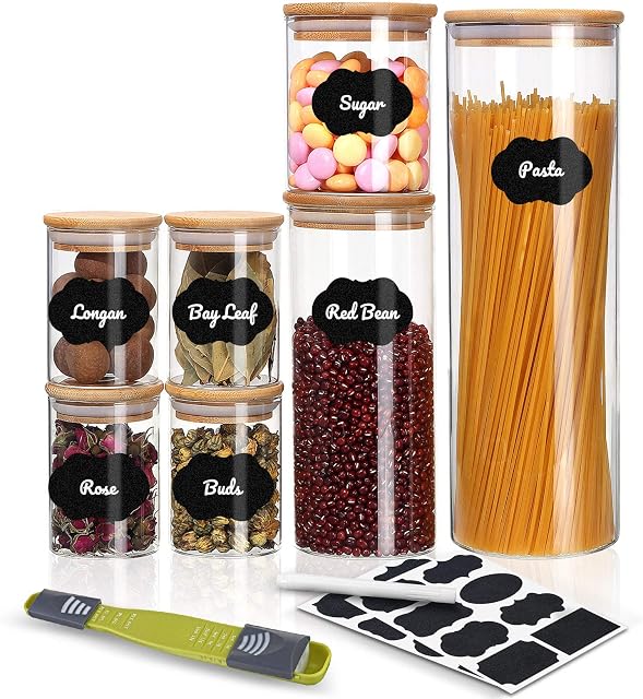 Glass Storage Jars with Bamboo Lids+ Silicone Ring Set of 7, Spice Jars (500ml+300ml*4), Spaghetti Jar(2.1L+1L), airtight Food Container, Canister set for Pasta sugar Coffee Tea nuts Beans