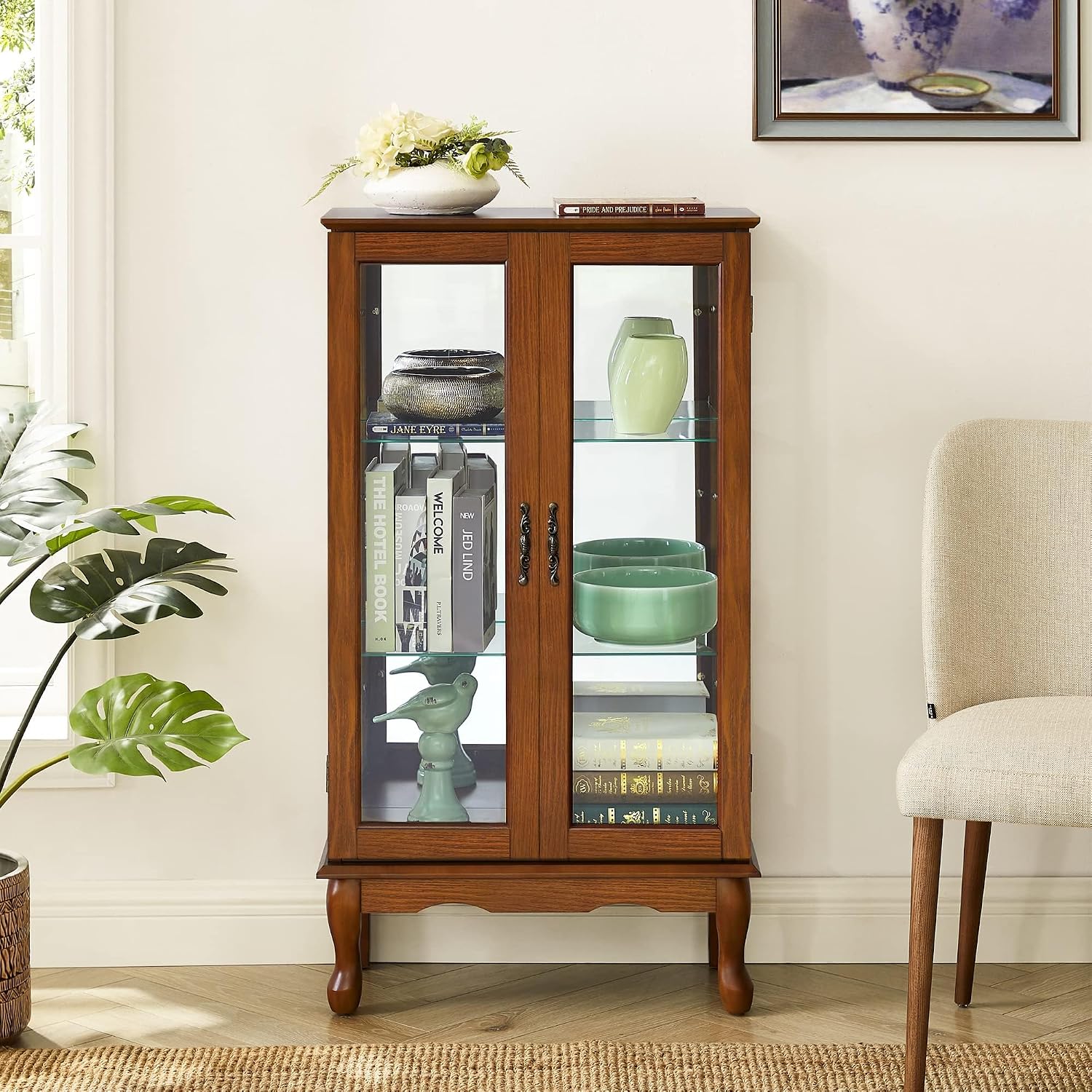 Generic Tuscan Wall Curio Display and Storage Cabinet,Cabinet with Adjustable Shelves and Mirrored Back Panel, Tempered Glass Doors(Oak, 3 Tier)(E26 Light Bulb not Included) Living Room Display (Oak)