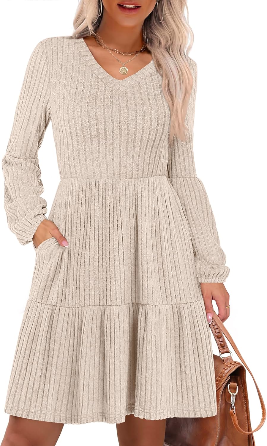 ANRABESS Women's Long Lantern Sleeve Ribbed Knit Dresses V Neck Casual 2025 Fall Winter Flowy Swing Tunic Sweater Short Dress