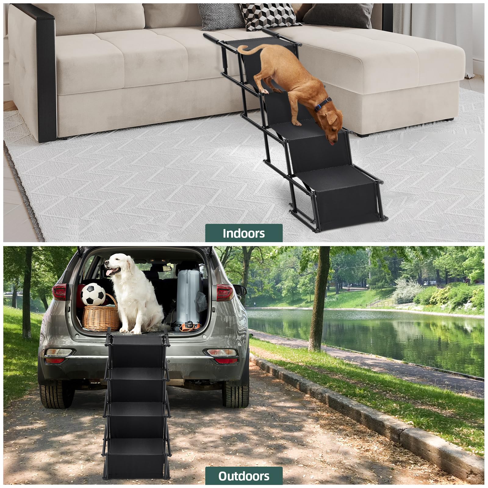 The Fellie Rampe pliable pour chien, marches portables pour chien, lit haut, 2 hauteurs réglables avec rampes de sécurité antidérapantes pour voitures, rampe d'escalier légère pour animaux de