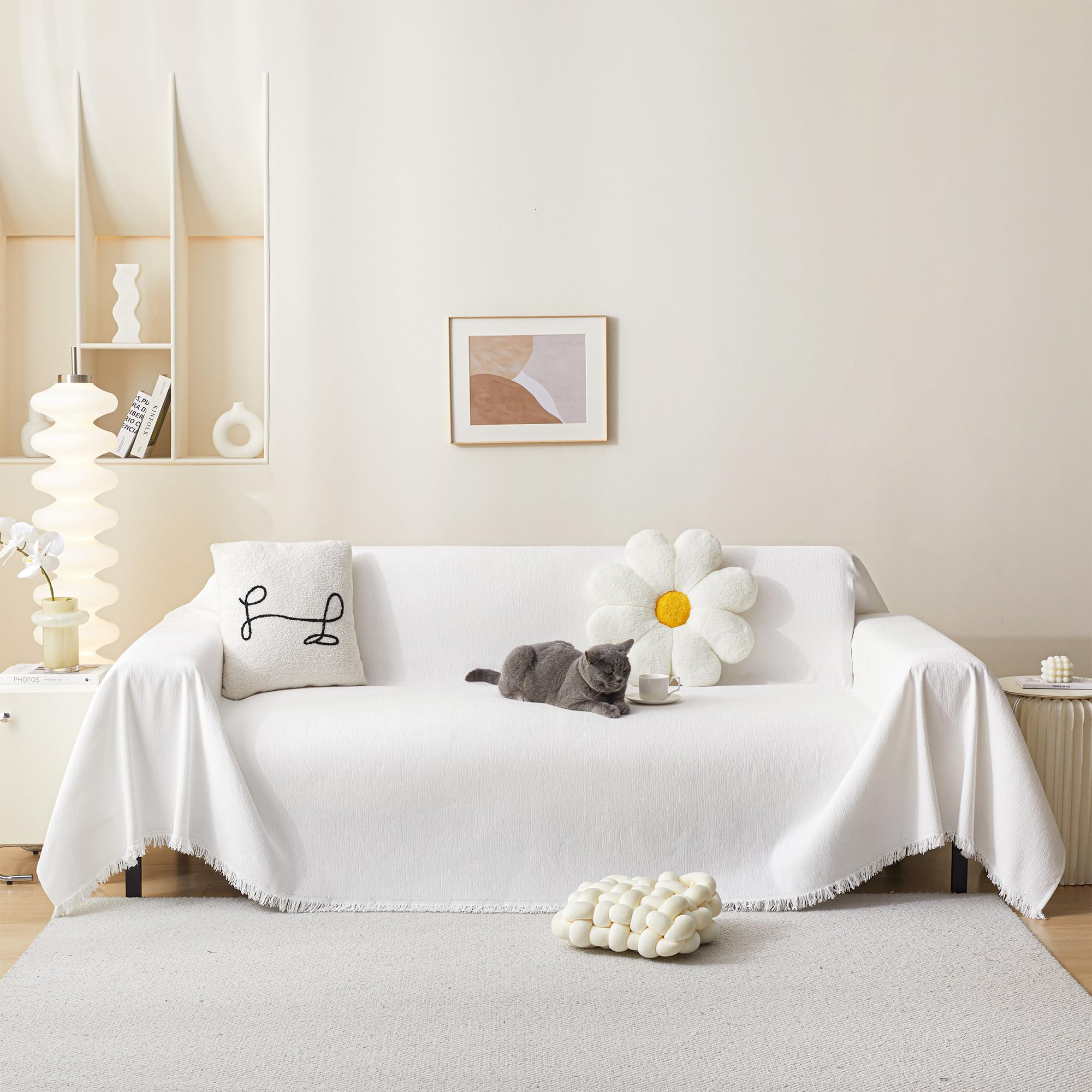 MEETSKY Couch Covers for 3 Cushion Couch Sofa Covers Washable Decorative Sectional Couch Covers Sofa Slipcovers, Soft Chenille Blend Throw Cover for Living Room, 91" x 134", White