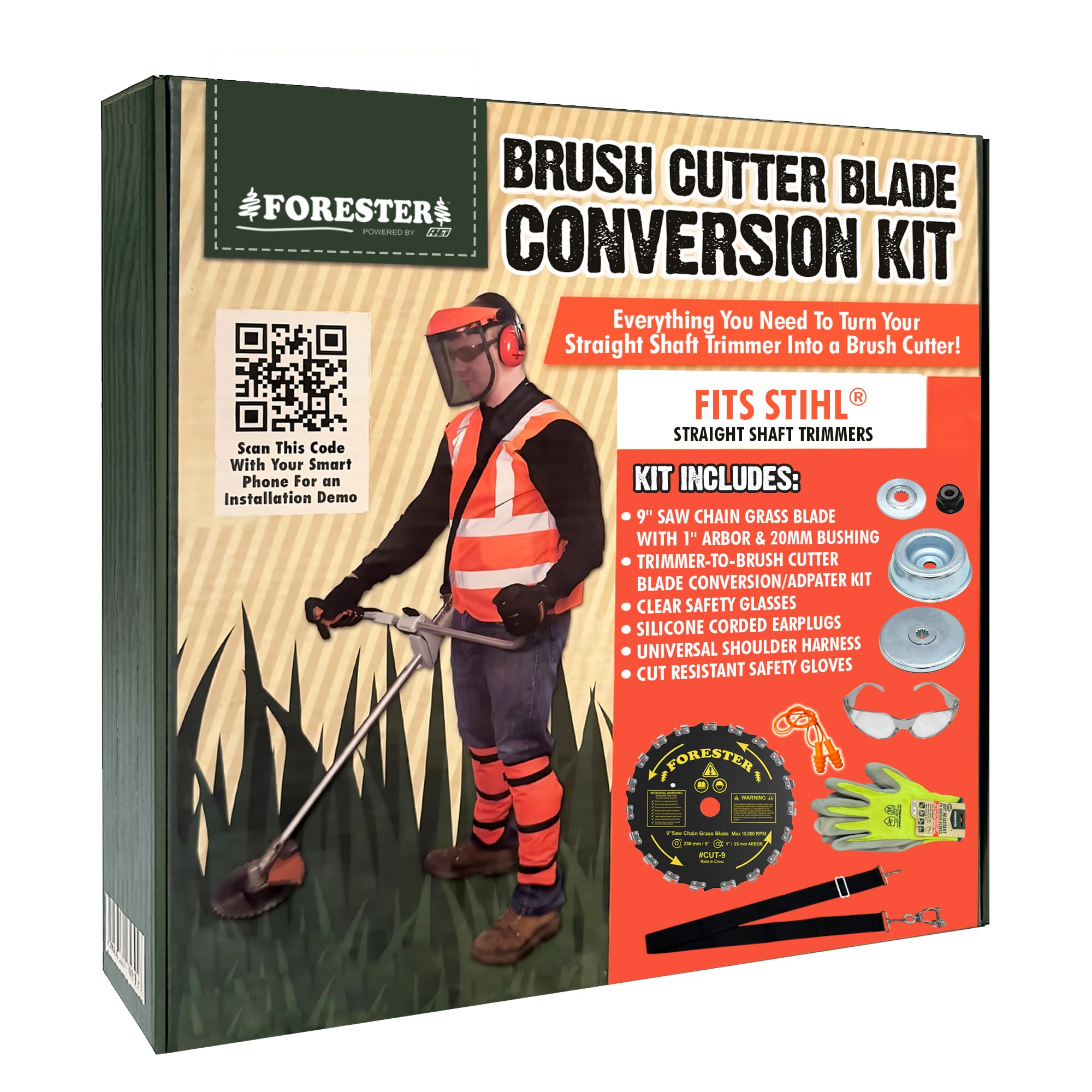 FORESTER Kit de conversión de desbrozadora con corte 9, incluye gafas de seguridad, tapones para los oídos, guantes, arnés, compatible con la mayoría de recortadoras de eje recto Stihl
