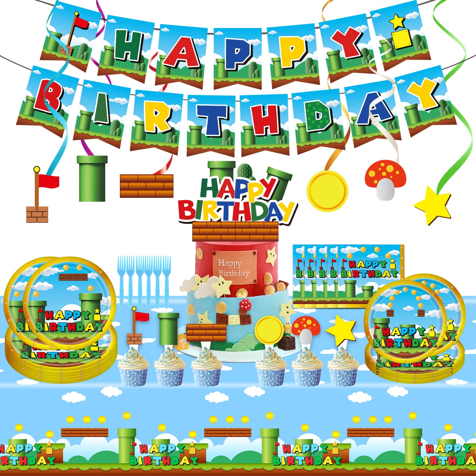 Lecinc Video Games Party Supplies Disposable Paper Plates Napkins Tablecloth Forks Cake Toppers Cupcake Toppers Spiral Hanging and Banner for Video