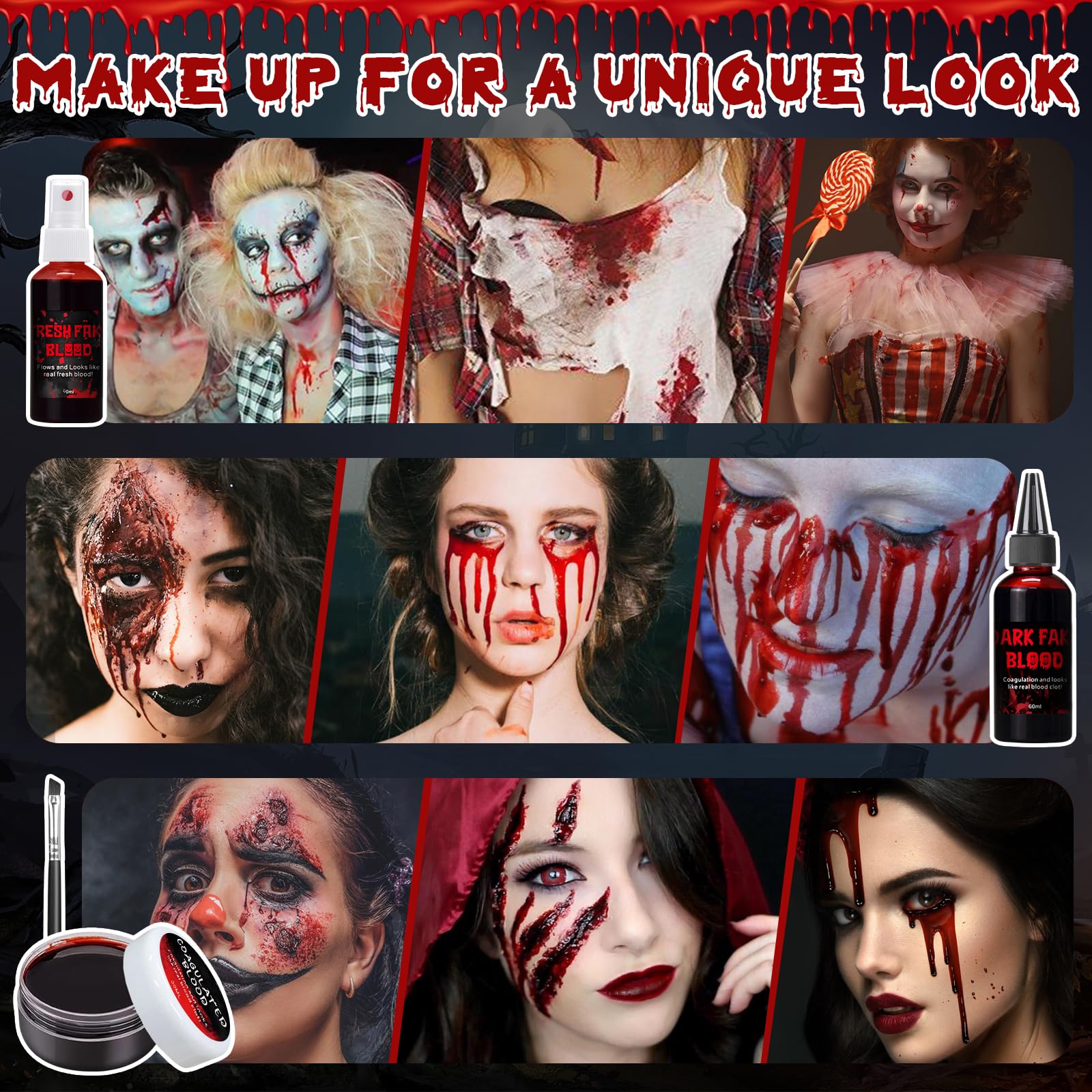 Halloween zestaw do makijażu ze sztuczną krwią, 60ml spray ze sztuczną krwią + 60ml kapiąca sztuczna krew + 30ml zakrzepłe osocze krwi + 2 gąbki + 1 pędzel do makijażu, sztuczna krew zmywalna do