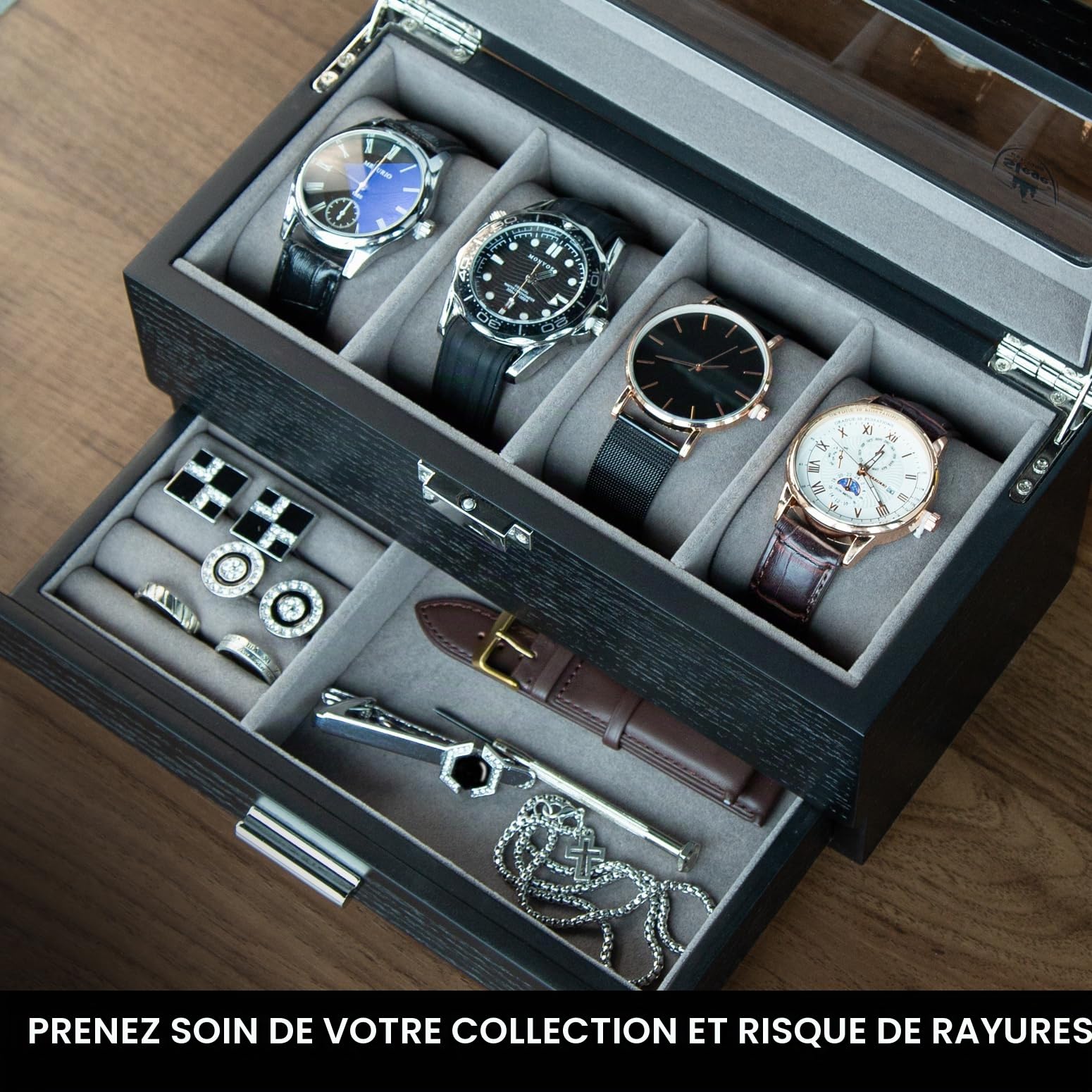 Slege Boîte à Montres en Bois,Fabriqué à Main,4 Emplacements avec Tiroir de Valet,Boîte à Montres pour Homme et Femme,Boîte de Rangement,avec Couvercle en Verre,Support de Montre,Watch Box Cadeau