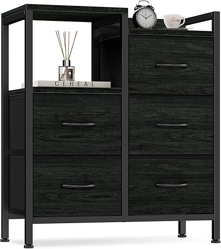 Furnulem Cómoda para dormitorio con 5 cajones de tela, unidad organizadora de pecho pequeña con estante de almacenamiento de 2 niveles para mesita disponible en Yaxa Colombia