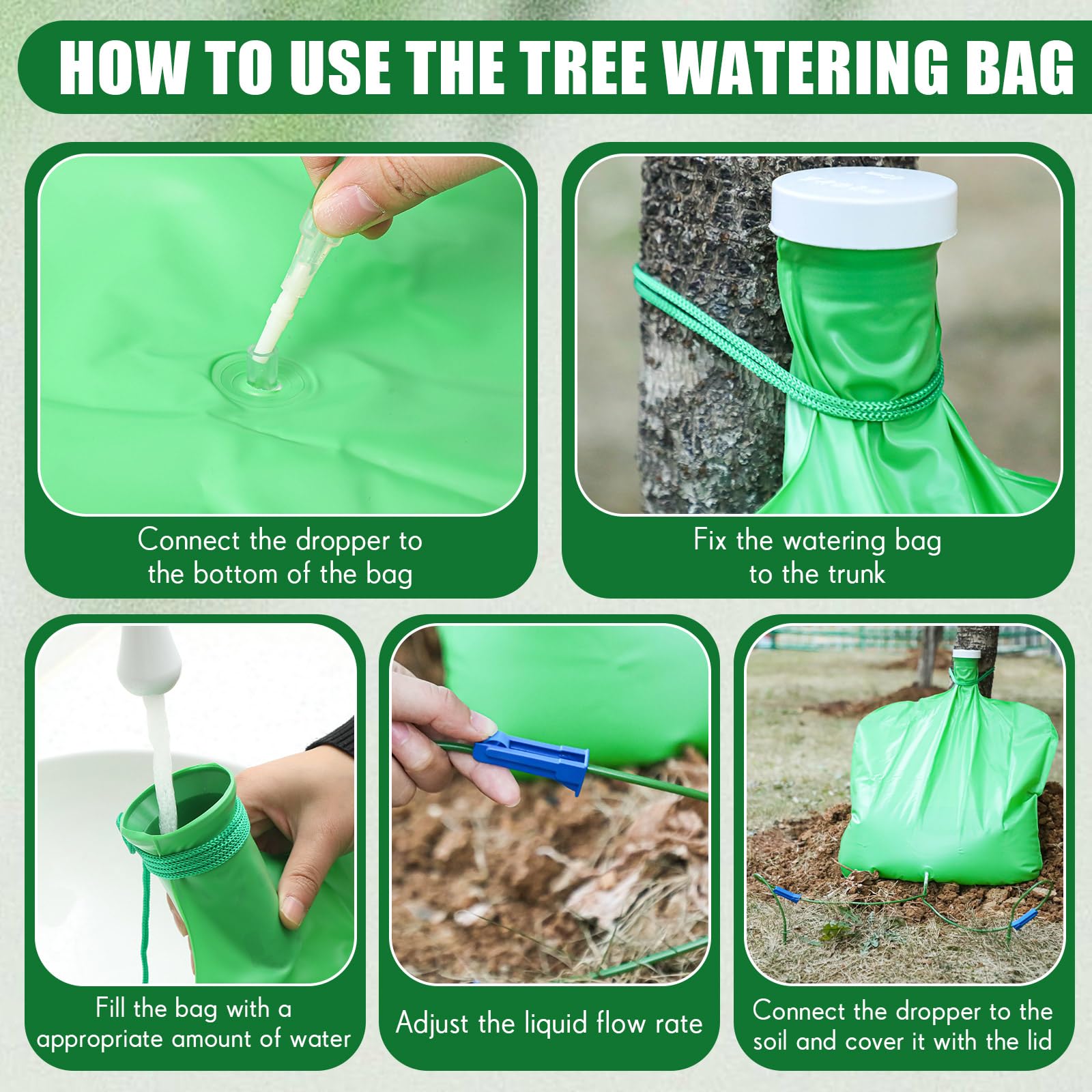 Tioncy 6 paquetes de bolsas de riego de árboles de 10.5 galones, bolsas de agua de riego de liberación lenta con salidas dobles ajustables, ajustables, reutilizables, goteo automático para árboles