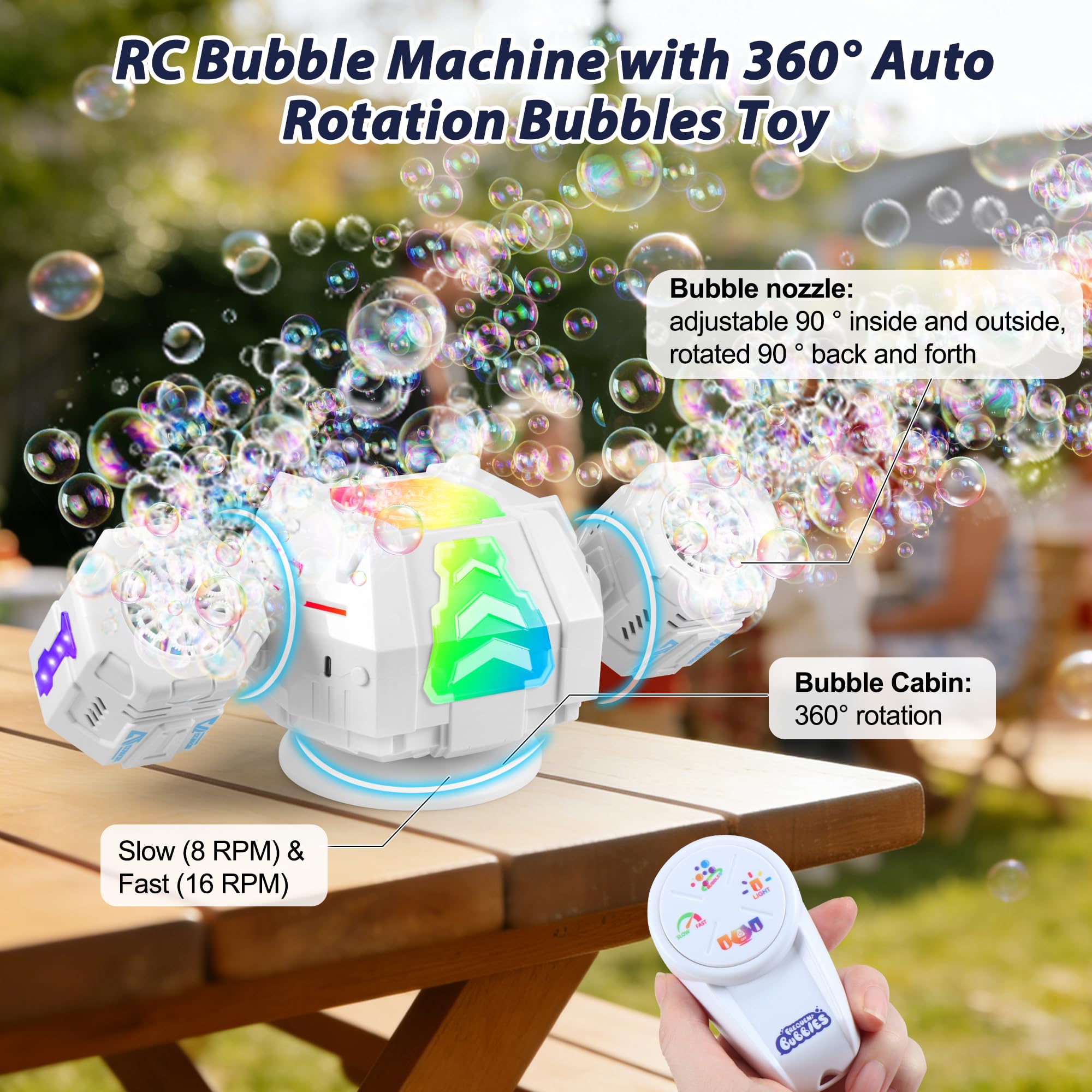 2026 RC Seifenblasenmaschine mit RGB-Lichtern, 360° Auto Rotation Bubbles Spielzeug, Wiederaufladbarer Akku, Bubble Blower Maker für Kinder, Partys, Geburtstagsgeschenk, Hochzeiten