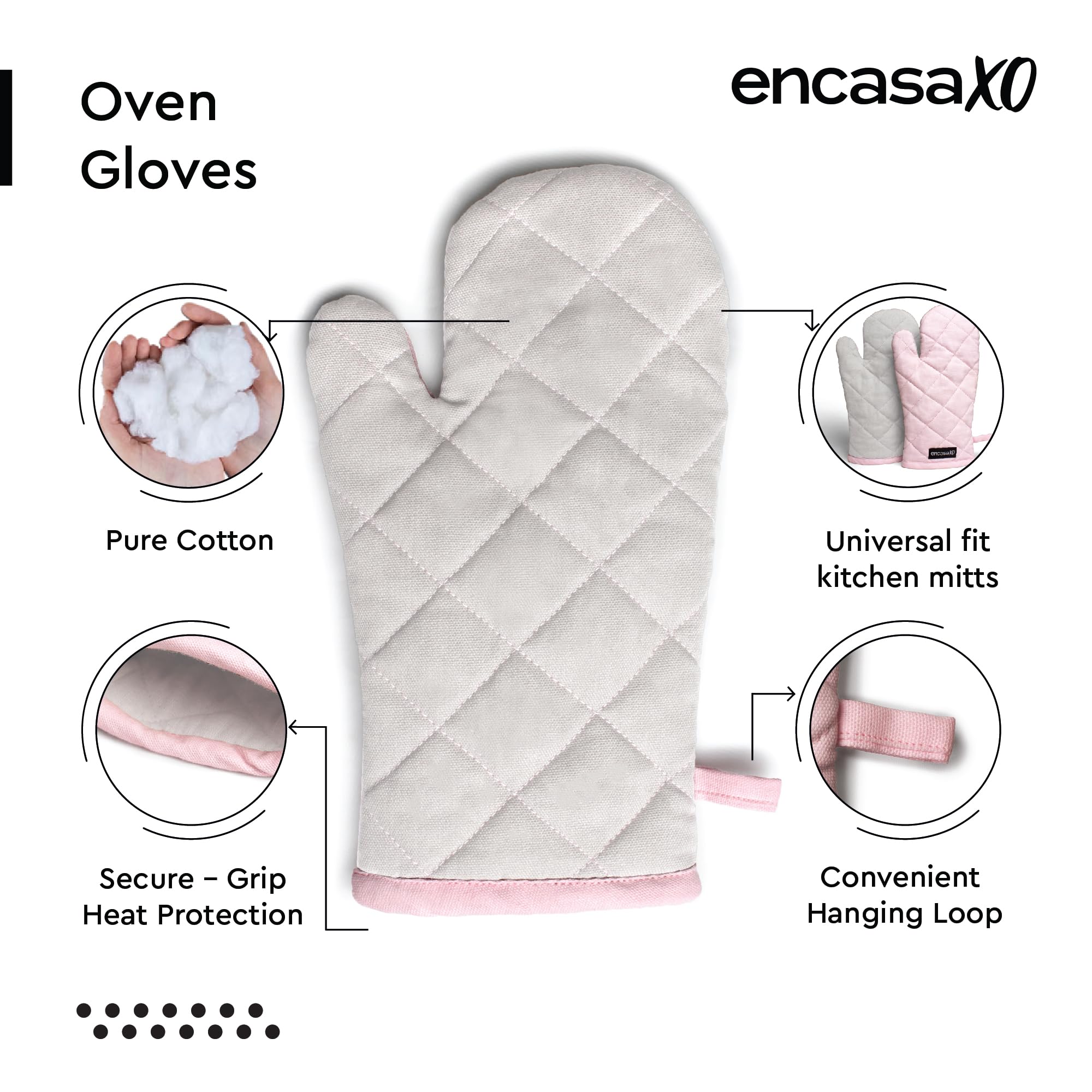 Encasa XO Heat Resistant Cotton Oven Gloves Mitts (2 Pc Set), Quilted & Safe 17x29 cm, for Kitchen Cooking & Baking, Grilling - Image 3