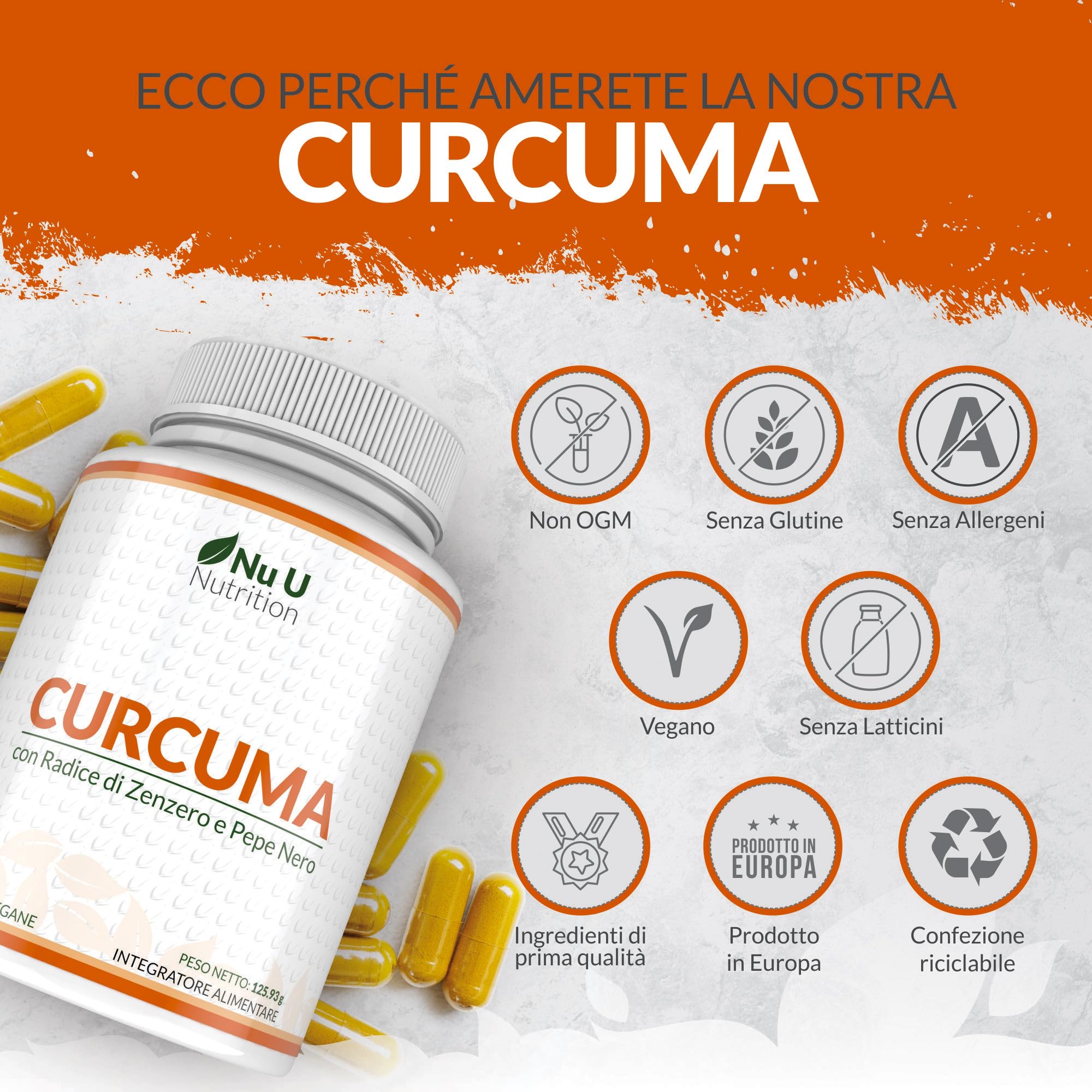 Curcuma 1520mg con Zenzero e Pepe Nero - 365 Capsule Vegane - Alto Dosaggio di Curcumina in Polvere - 95% di Curcuminoidi - Prodotto in Europa - Nu U Nutrition