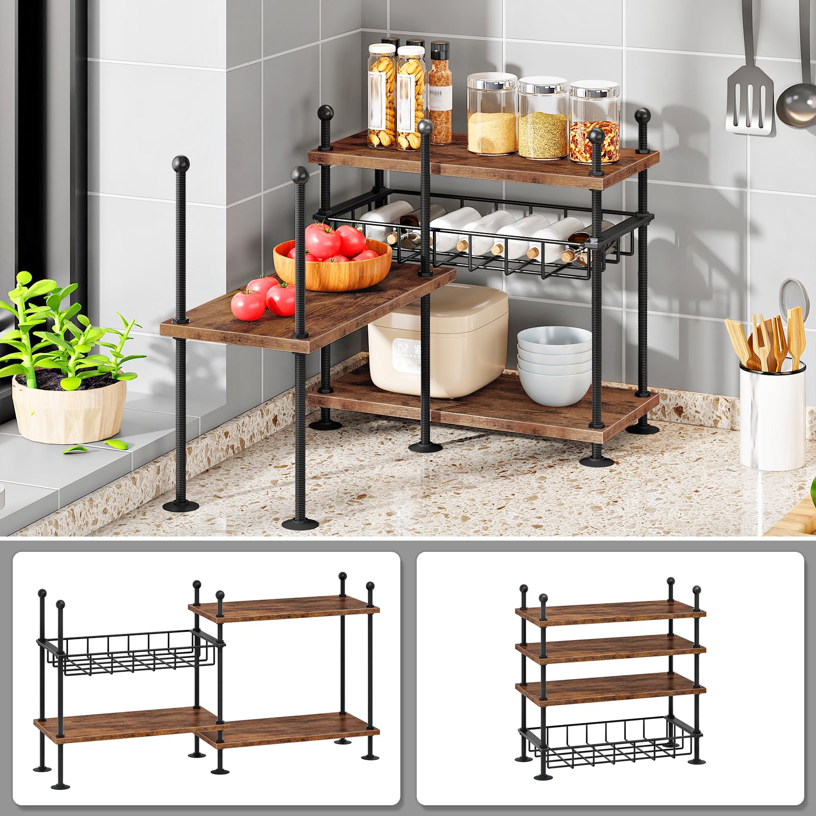 HOOBRO Estantería Esquinera, Especiero para Cocina de 4 Niveles Ajustables, Estante para Especias, con Barra y Pies Niveladoras, 3 Modos de Montaje, para Armario, Baño, Oficina EBF21TL01