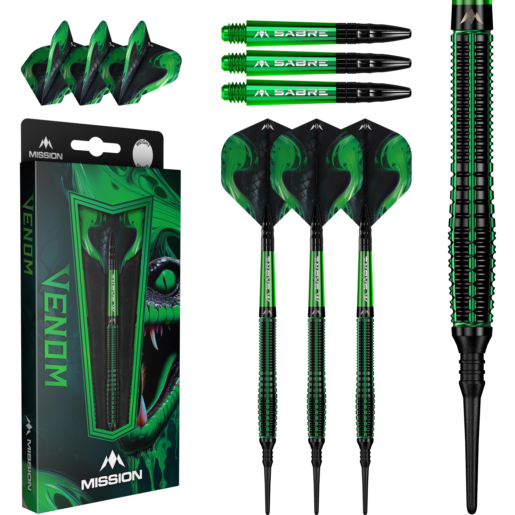 Mission Softdarts Venom Darts – 90% Tungsten, Black & Green Electro Plate