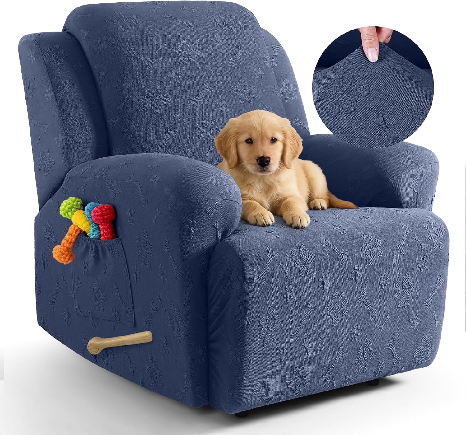 Ruaozz Recliner Chair Covers, 4-Pieces Recliner Cover Stretch Embossed Paw Bone Prints Reclining Chair Slipcovers Soft Furniture Protector for Lazy Boy Recliner (1 Seat, Navy Blue)