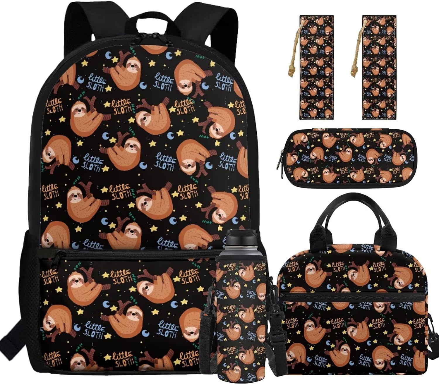 BIGCARJOB Sloth Backpack for Girls Bookbags with Insulated Lunch Bag Pen Holder Bookmark Water Bottle Carrier 5 Piece School Backpack Daypack Set for Primary Elementary