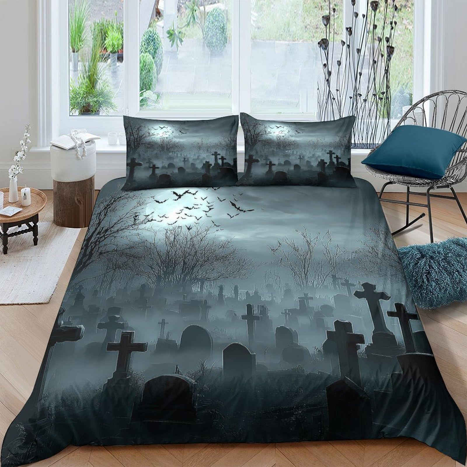 Ctjqhvkz Style-9 3D Printed Graveyard Night Fitted Sheet Microfiber Soft Gothic Cemetery Mattress Cover For Bedroom Guest Room Decor Single（135X200cm）