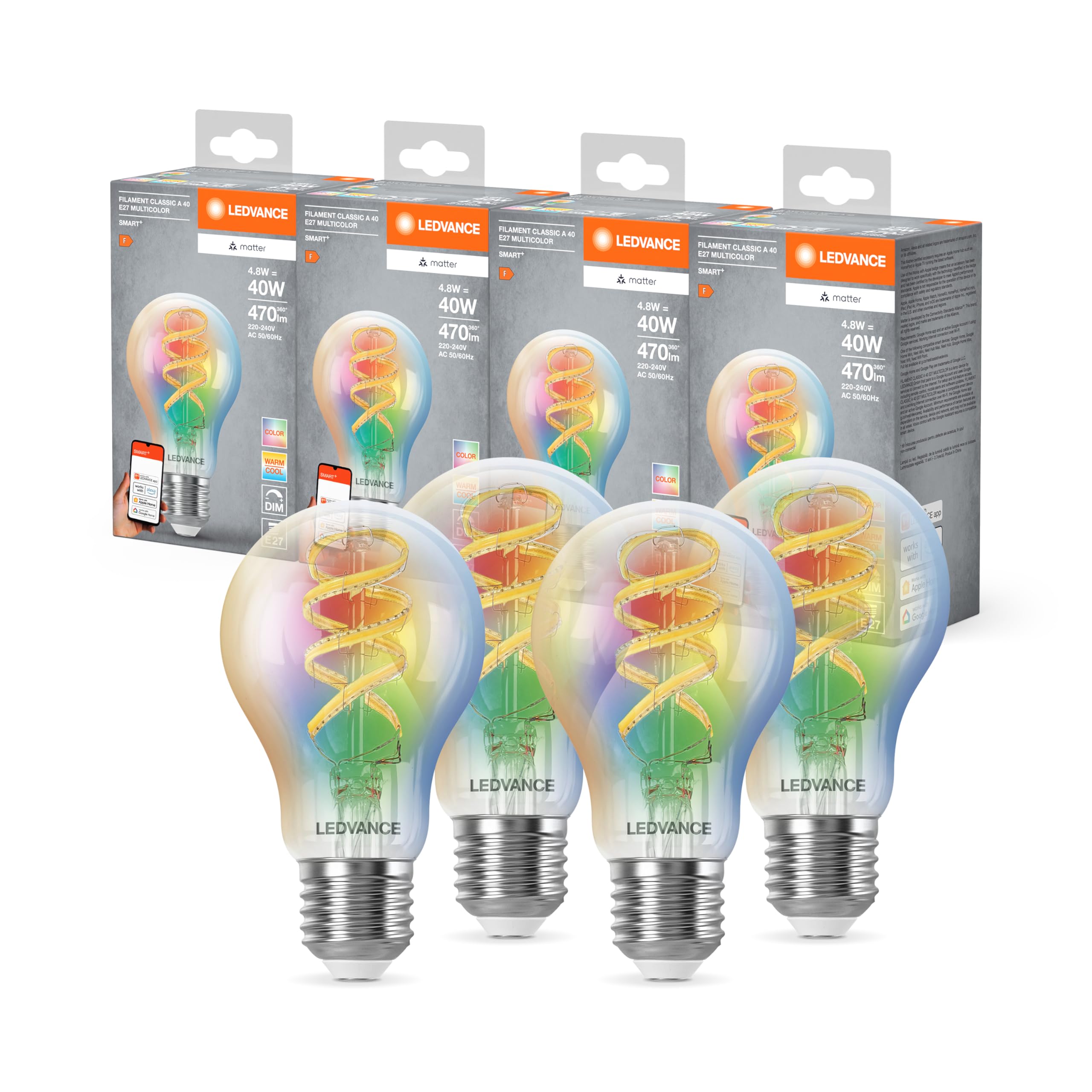 LEDVANCE SMART+ MATT LED lampe, compatible avec Google, Alexa, Apple, Glass Blanc, 4,8W, 470LM, E27, Couleur Lumière et Lumière blanche, avec Vocal Control, jusqu'à 15 000 HRs, 4-Pack