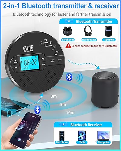 Miniatura 4 de Reproductor de CD portátil con Bluetooth, reproductor de CD con transmisor FM y altavoces para automóvil, reproductor de CD recargable con