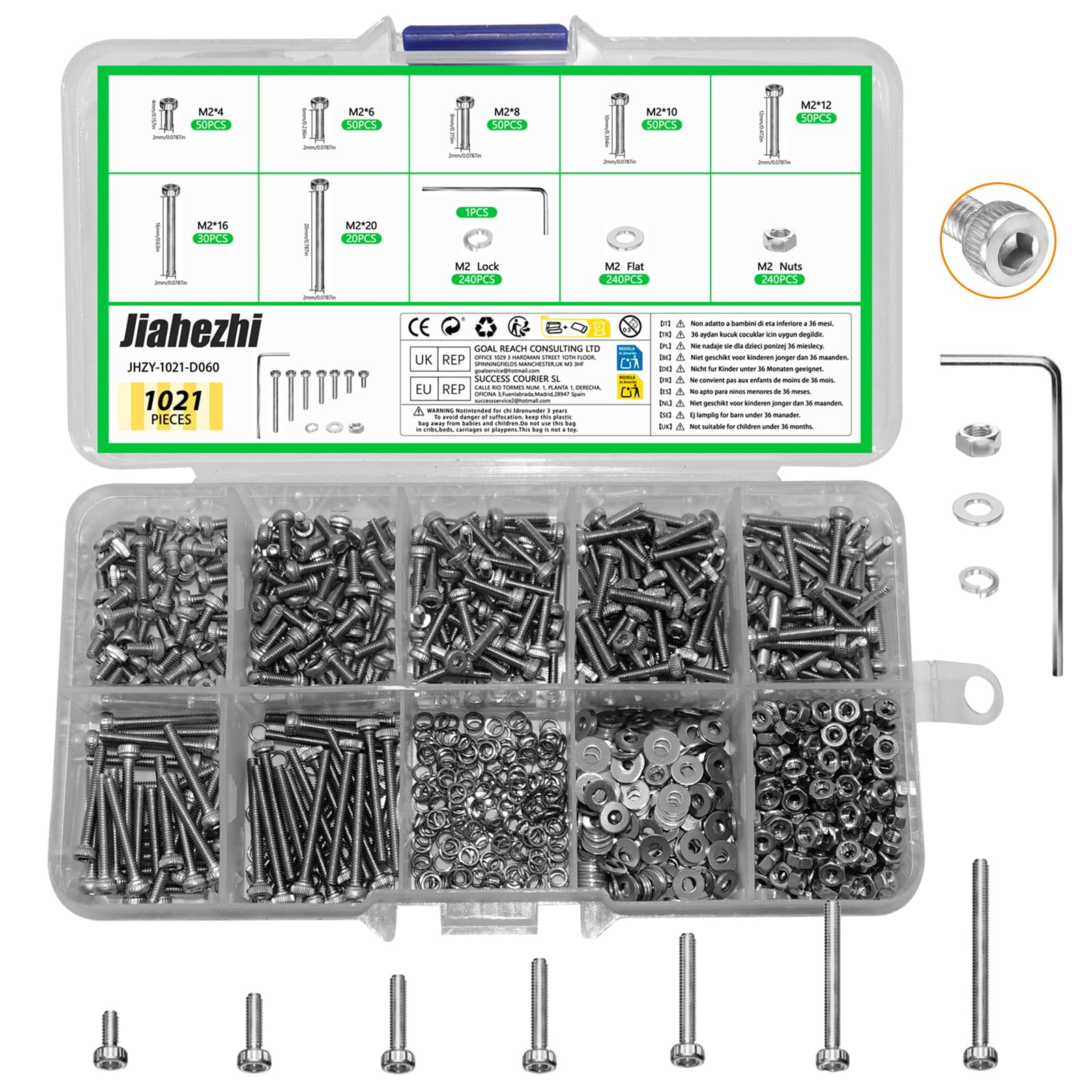1021 Pcs Stainless Steel M2 Nuts and Bolts Set, Hex Socket Head Cap Screws with Lock & Flat Washers for DIY Repairs & Home Improvement