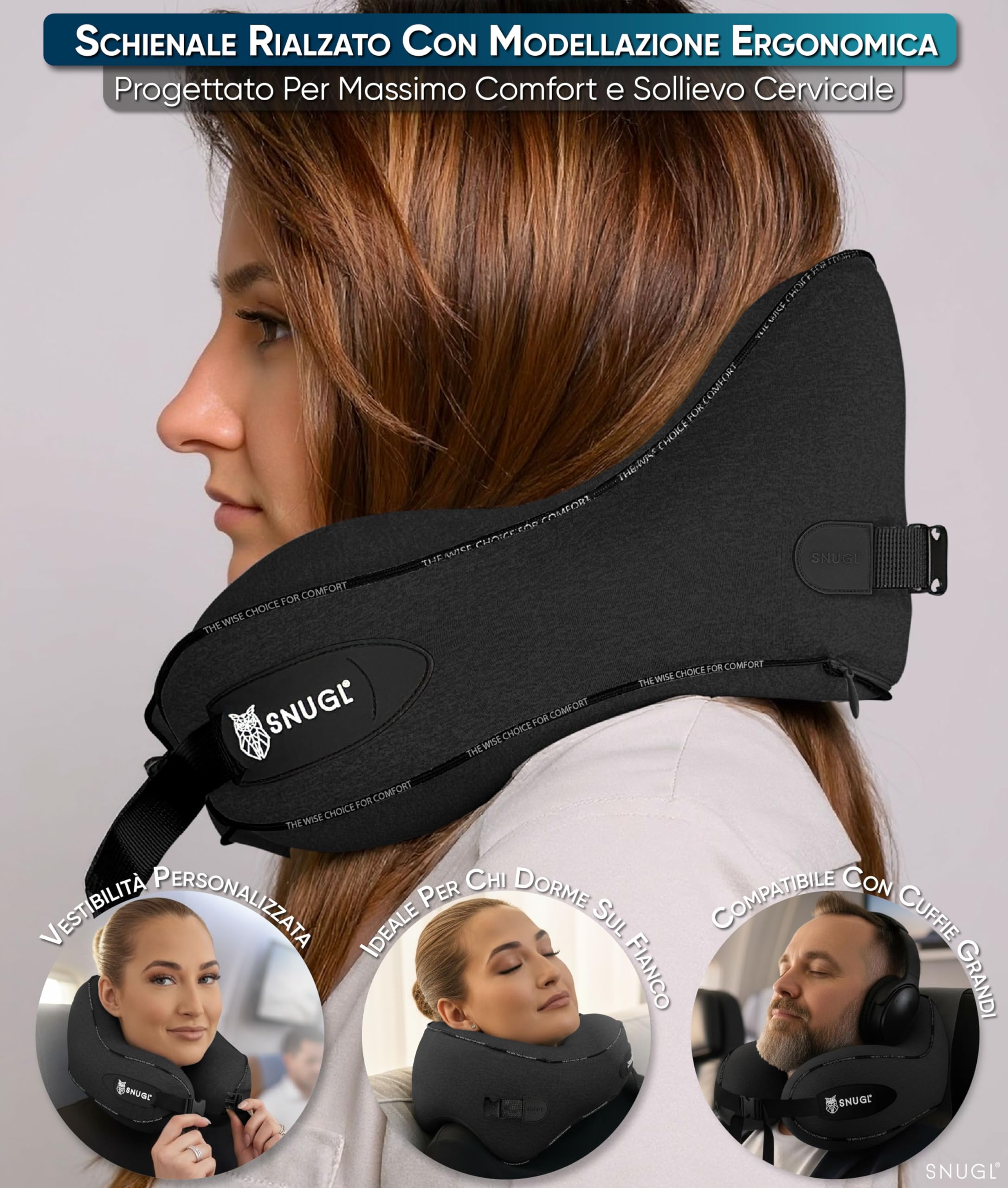 SNUGL Cuscino da Viaggio Ergonomico – Cuscino Aereo in Memory Foam – Cuscino Cervicale da Viaggio – Cuscino Cervicale per Dormire – Supporto Collo per Aereo, Auto, Treno | (Nero - Adulto Piccolo)