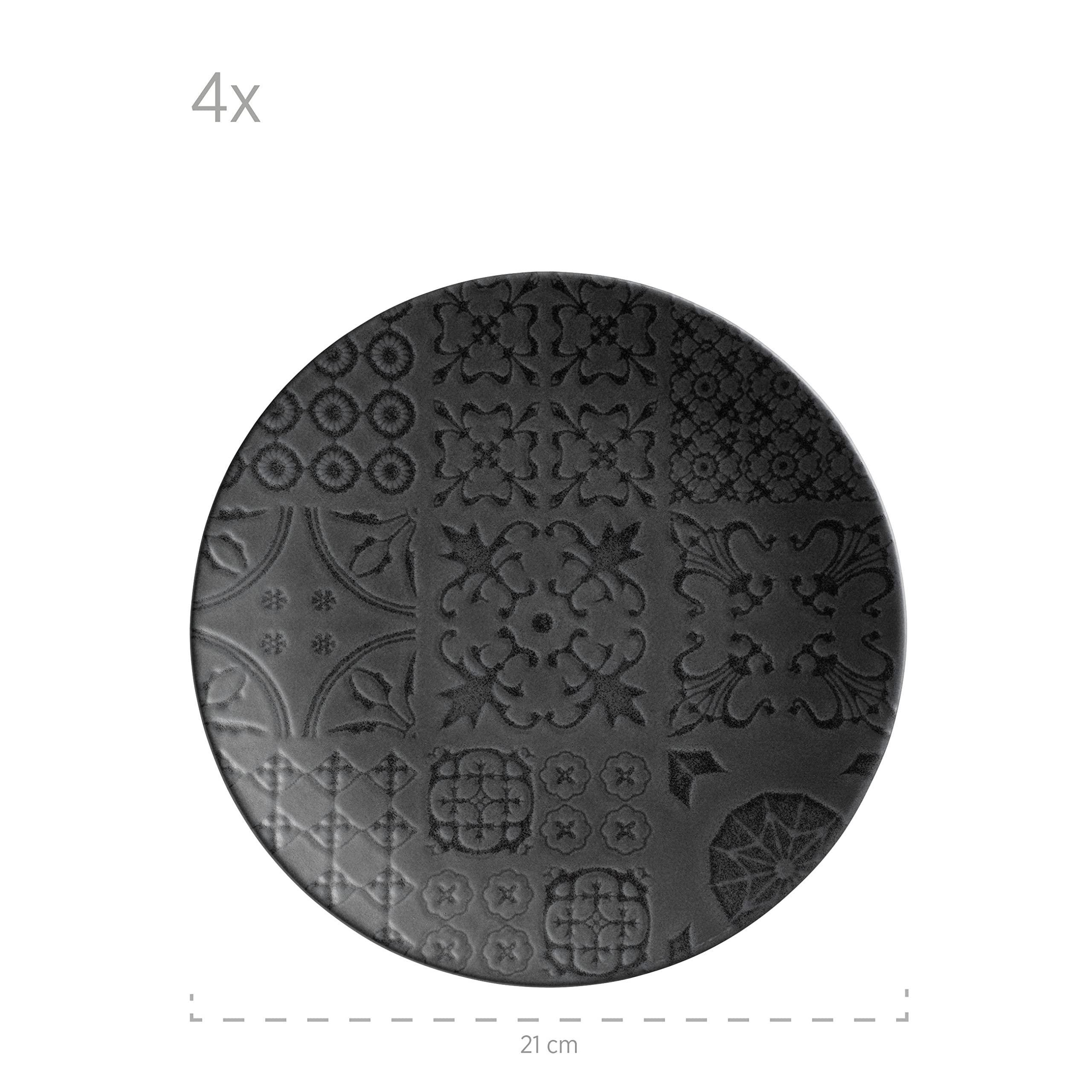 MÄSER 935076 Serie Tiles Vintage Tafelservice für 4 Personen im maurischen Stil mit moderner Mattglasur, 12-teiliges Keramikgeschirr Teller Set, Steinzeug, Schwarz
